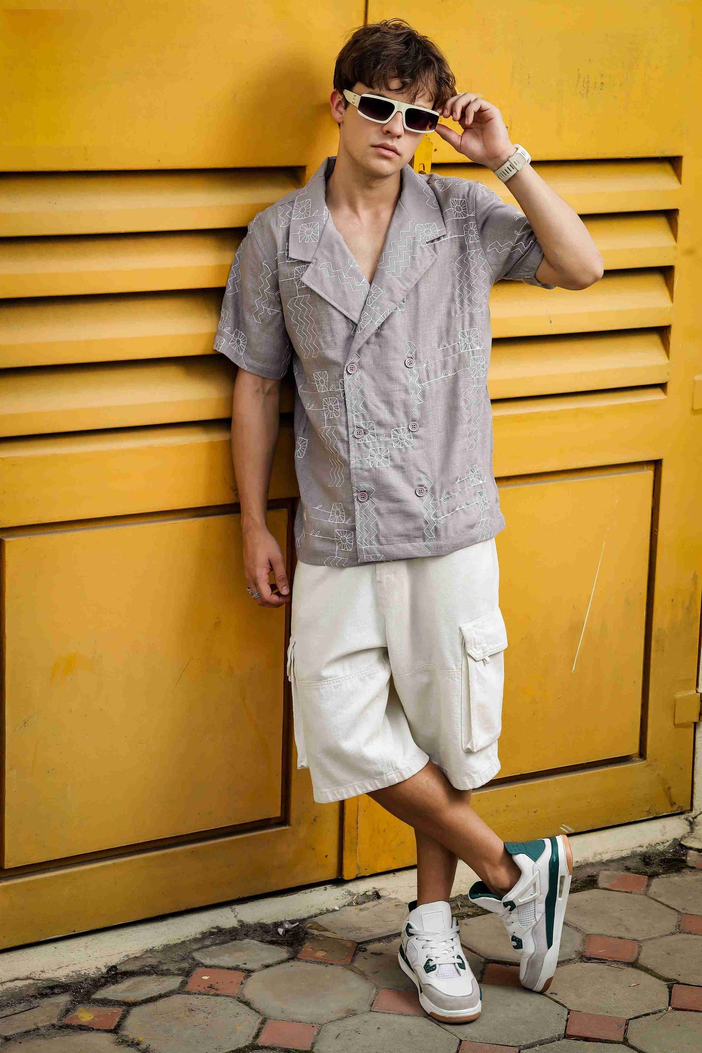 Linen Blend Grey Korean Notched Lapel Collar Resort Shirt