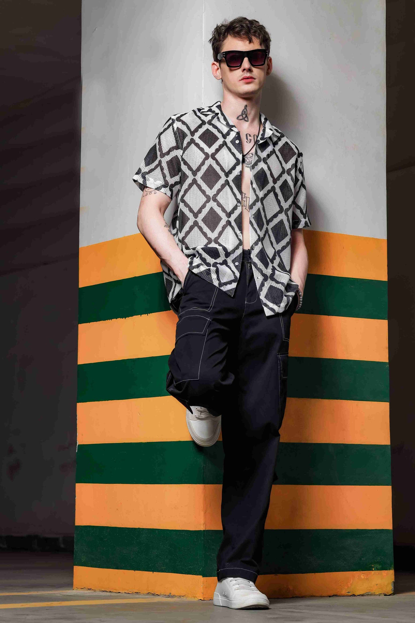 Black Printed Regular Fit Semi Sheer Crochet-Look Resort Shirt