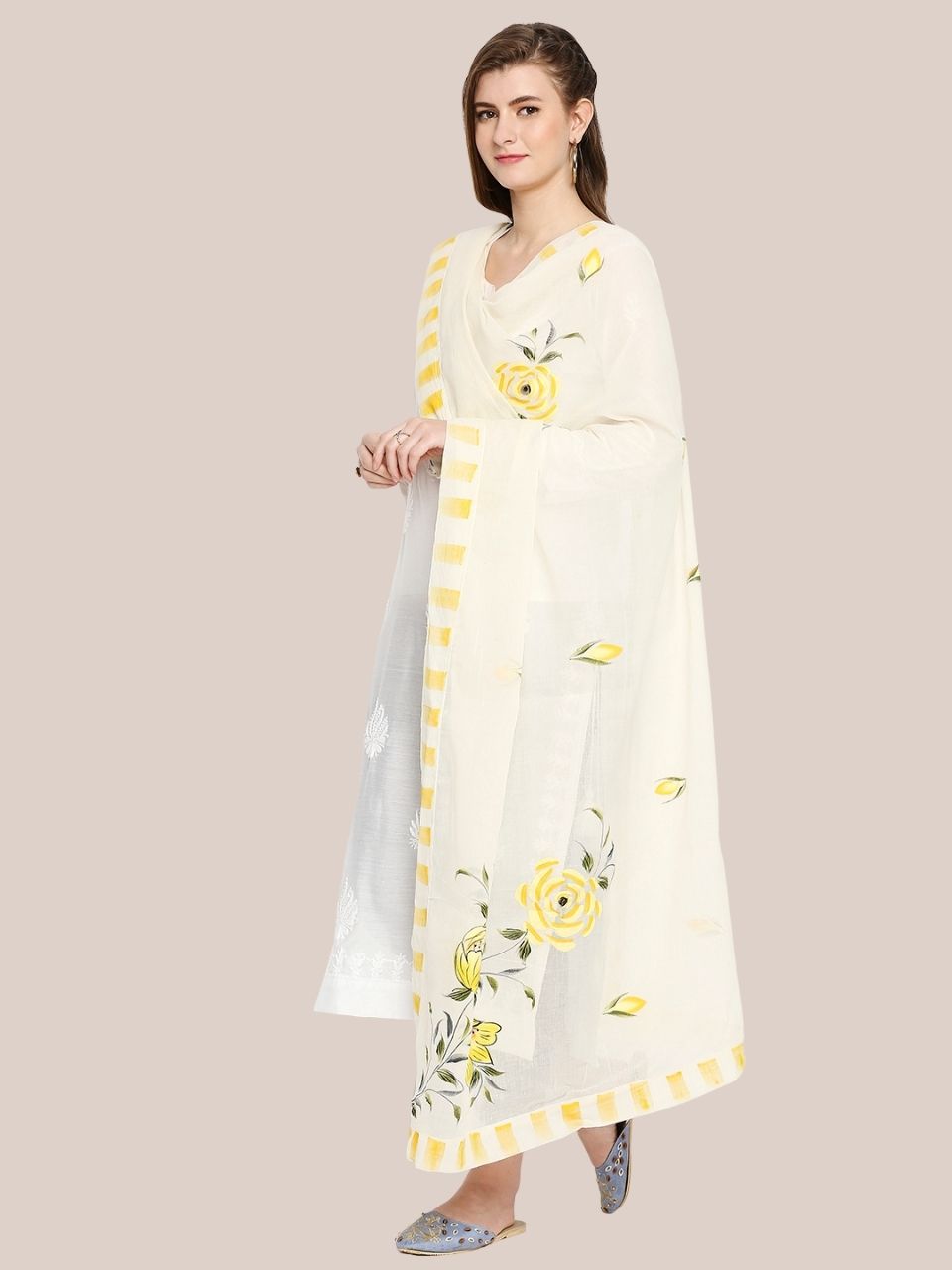 Cream & Yellow Hand Painted Pure Cotton Dupatta