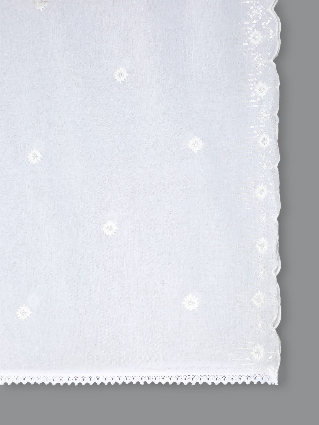 White Embroidered Pure Cotton Dupatta with Scallops