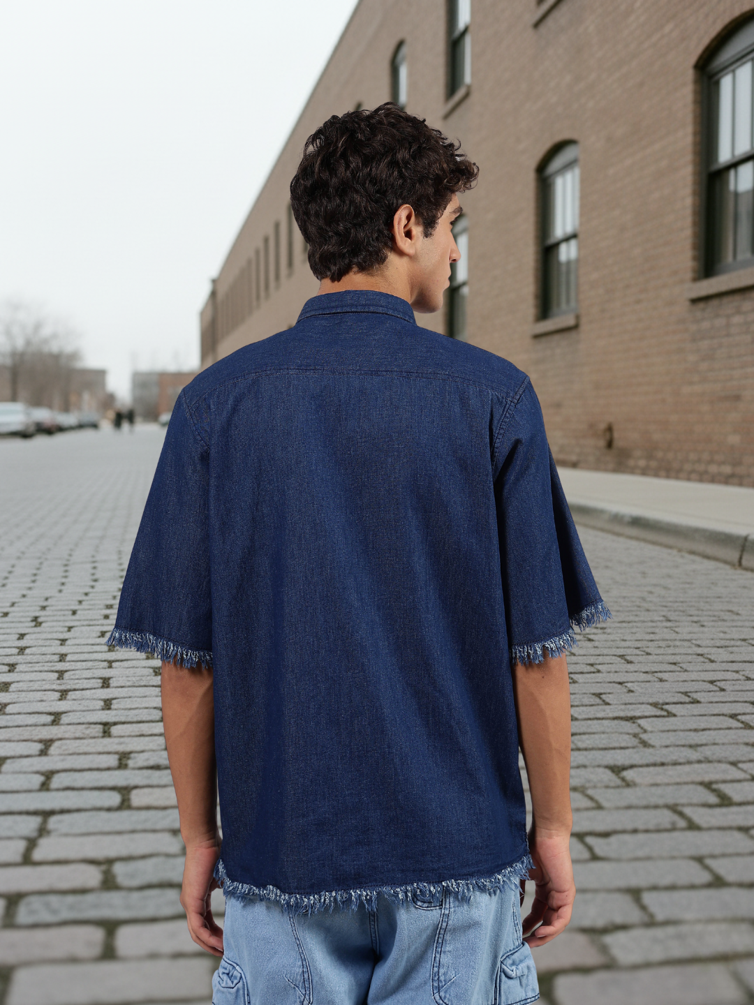 Navy Denim Raw Edge Oversized Box-Fit Spread Collar Half Sleeve Shirt