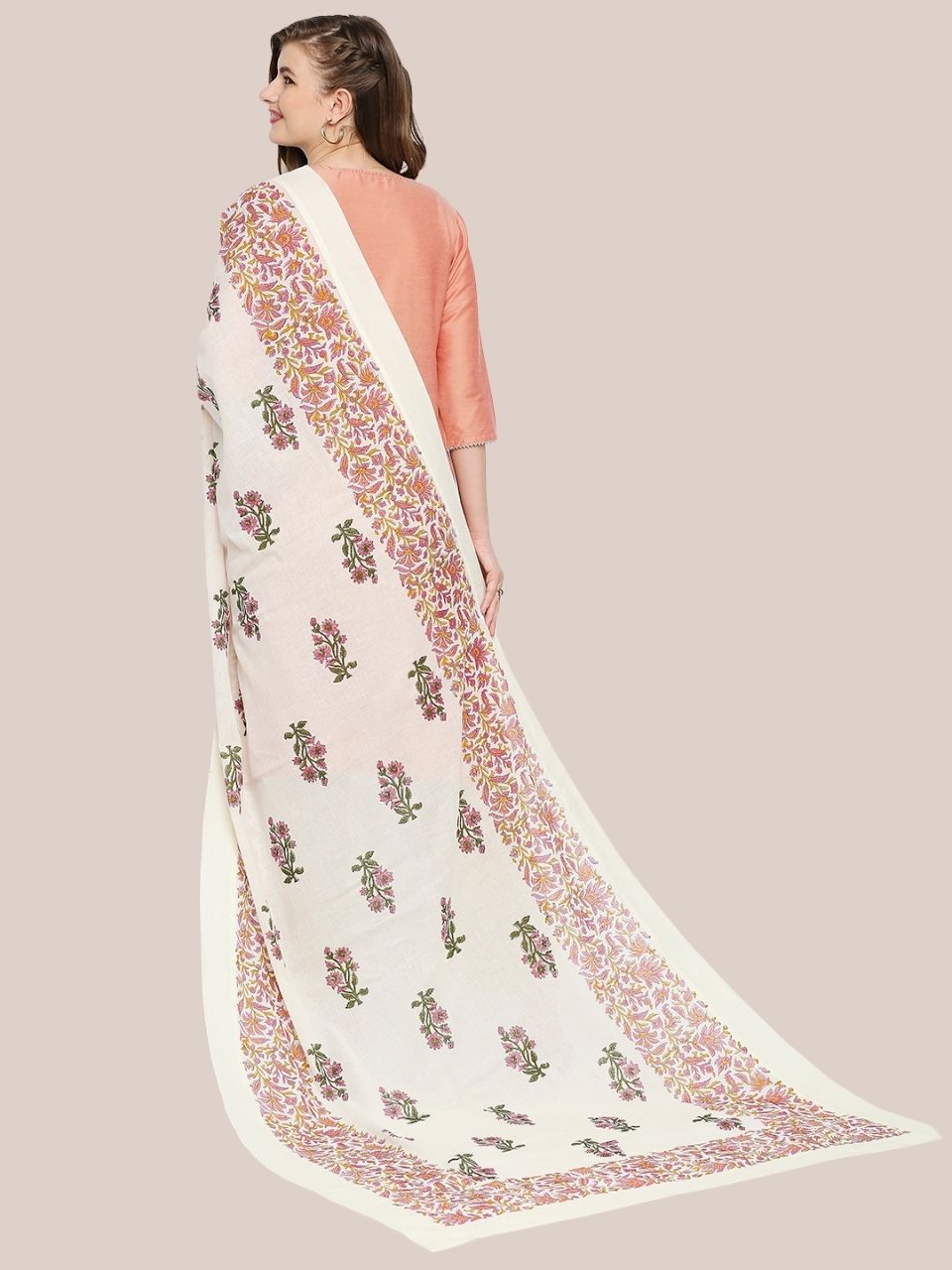 Off White & Pink Block Printed Pure Cotton Dupatta