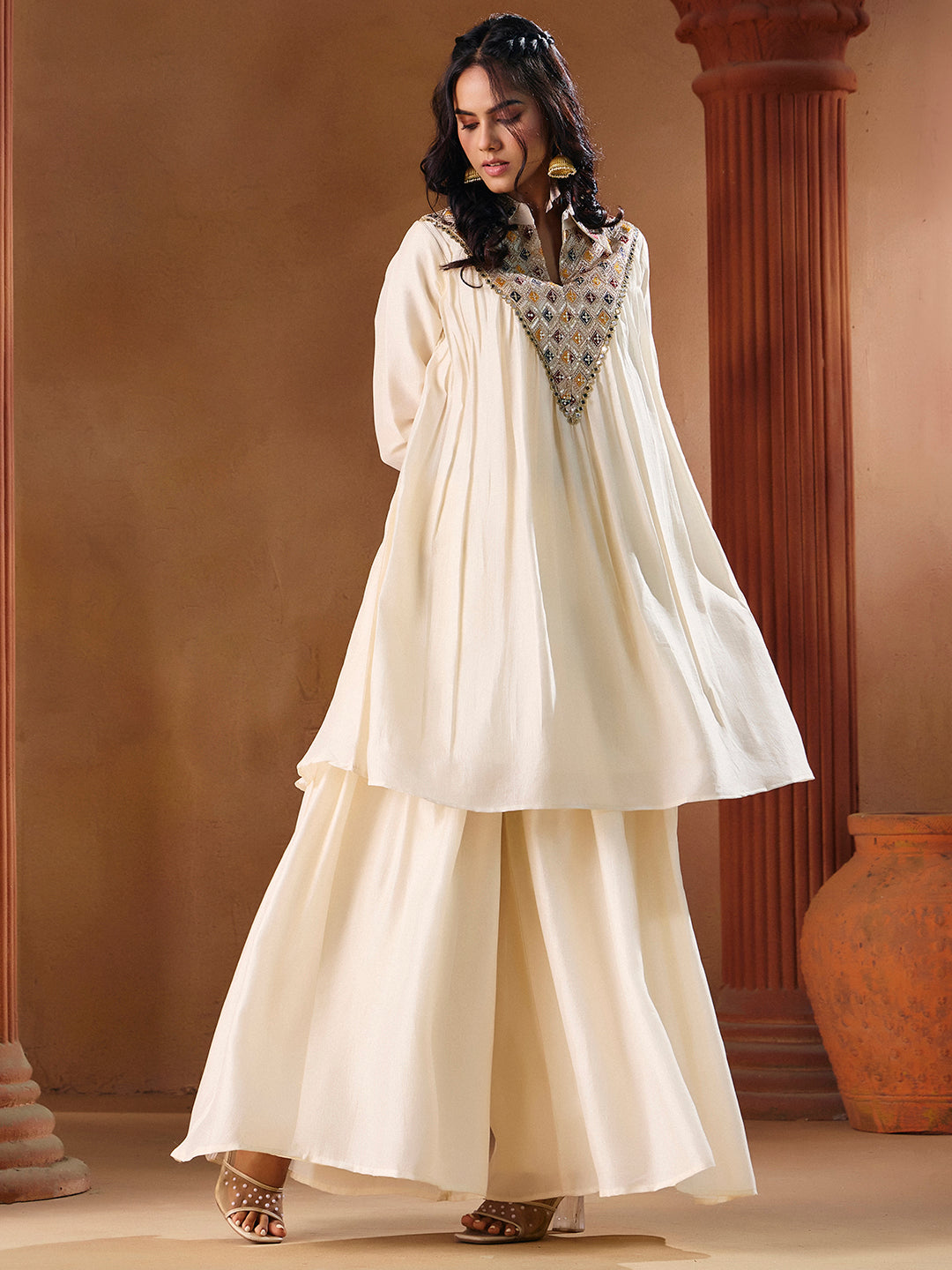 Women's Off White Vichitra Silk Embroidered Palazzo Set | Traditional Ethnic Wear Outfit | M-2569
