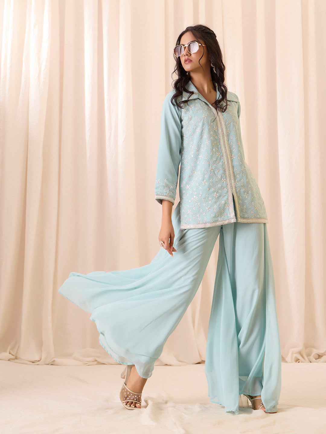 Sky Blue Embroidered Georgette Palazzo Set | Festive Ethnic Suit for Women | M-2563