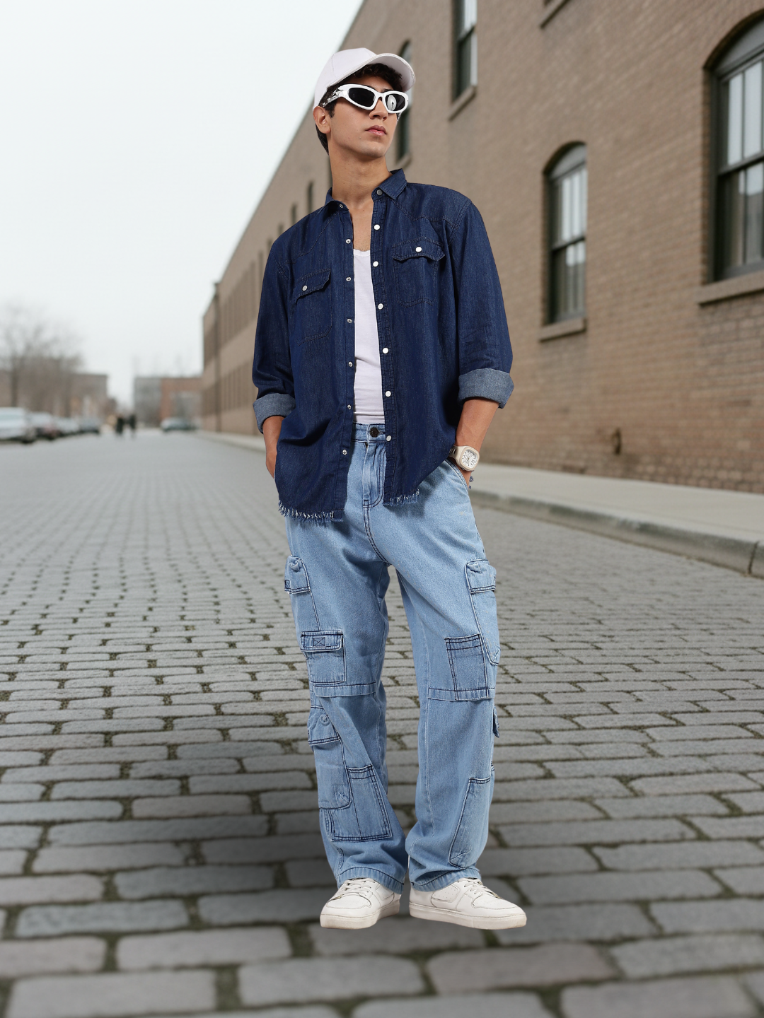 Navy Blue Raw Edge Oversized Relaxed Fit Spread Collar Premium Denim Full Sleeve Shirt