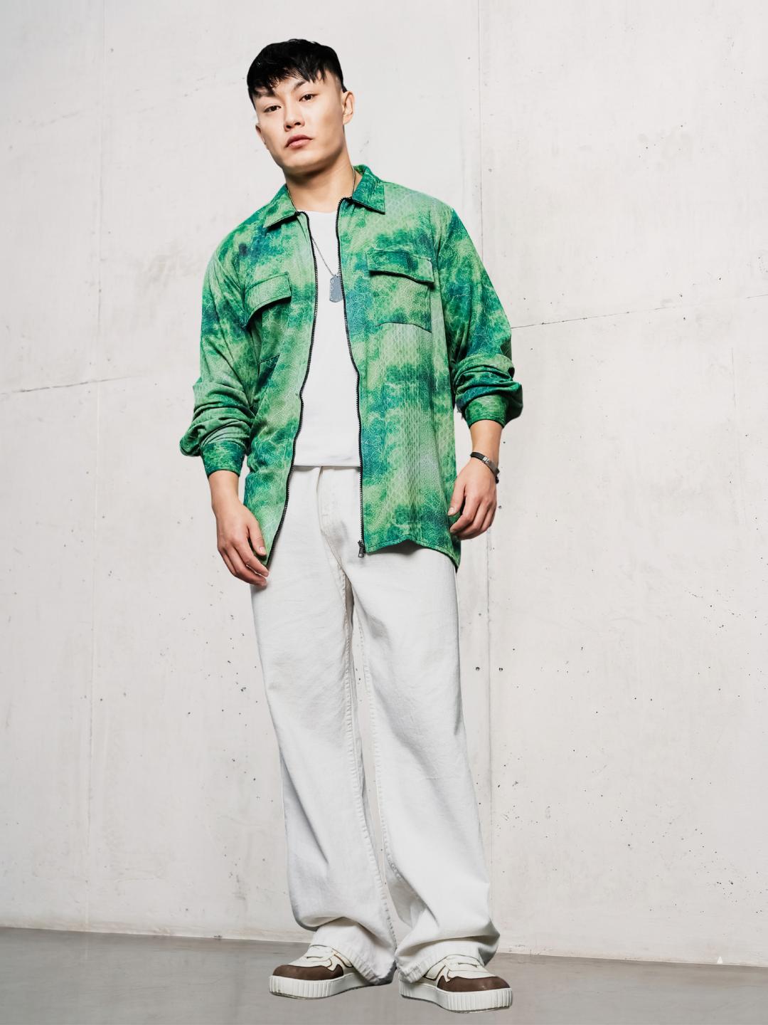 Grey & Green Abstract Printed Drop-Shoulder Relaxed Fit Shirt Zipper Shirt