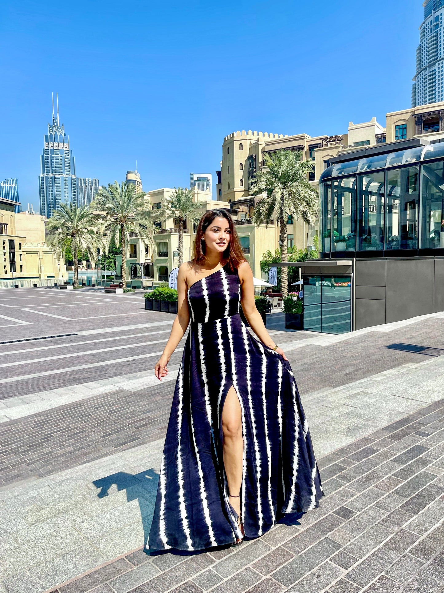 Black Tie Dye Print One Shoulder Maxi Dress