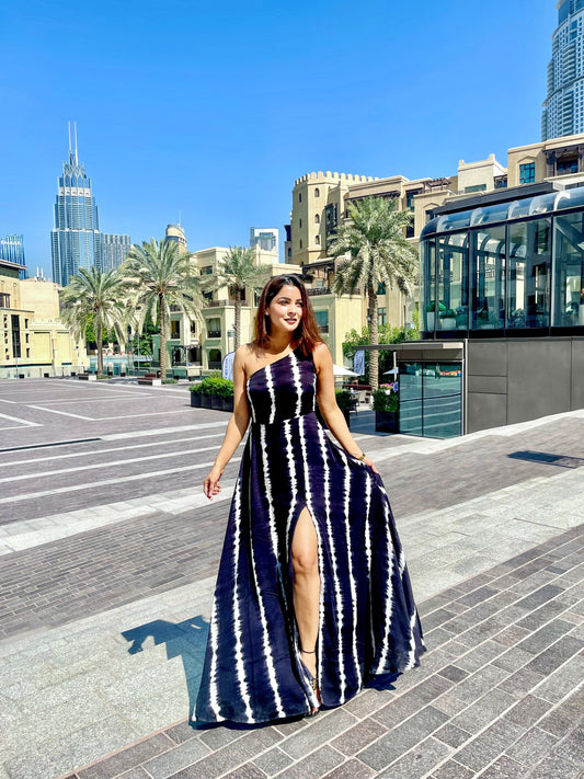 Black Tie Dye Print One Shoulder Maxi Dress
