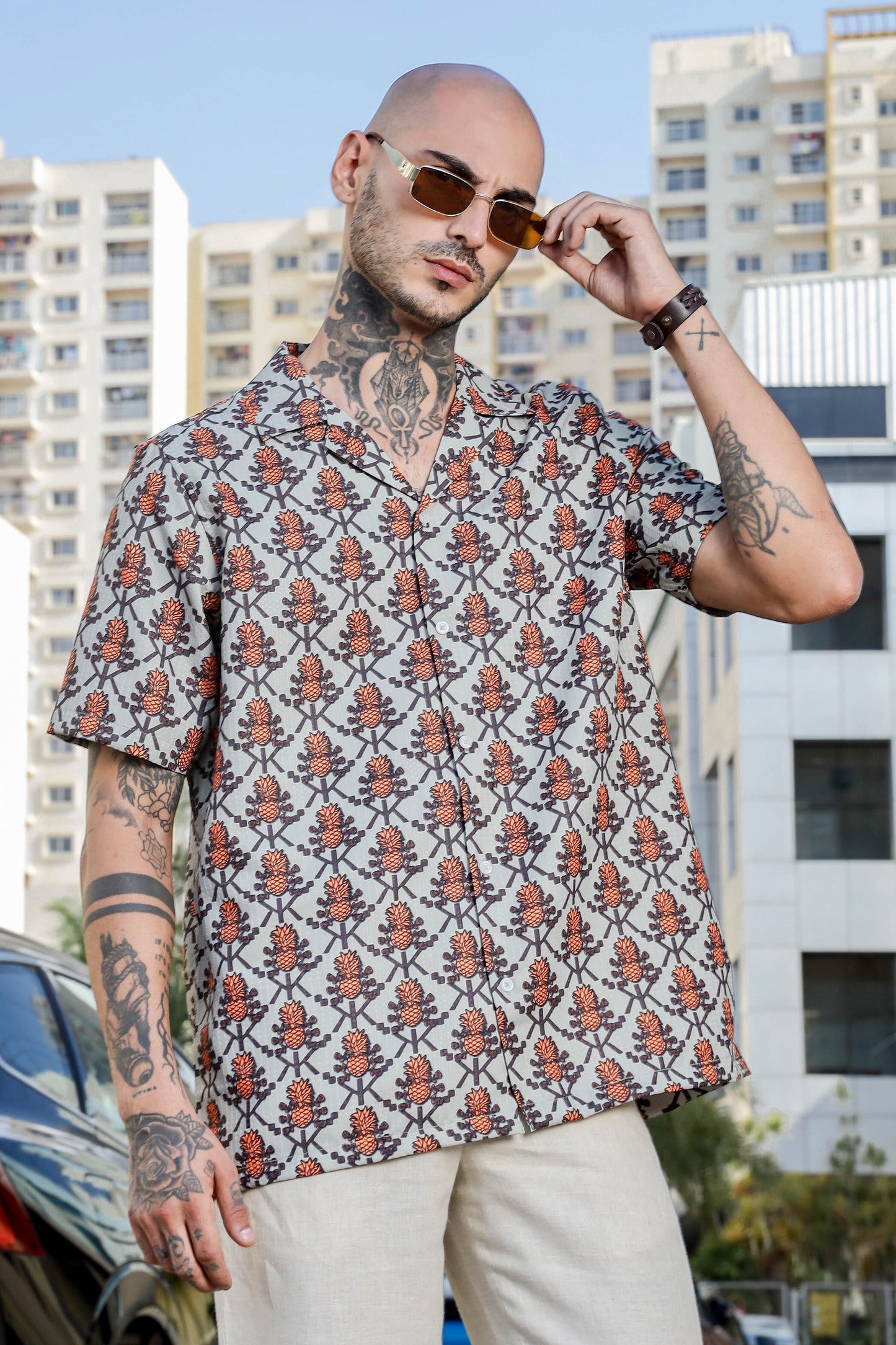Beige Textured Printed Relaxed Fit Cuban Collar Resort Shirt