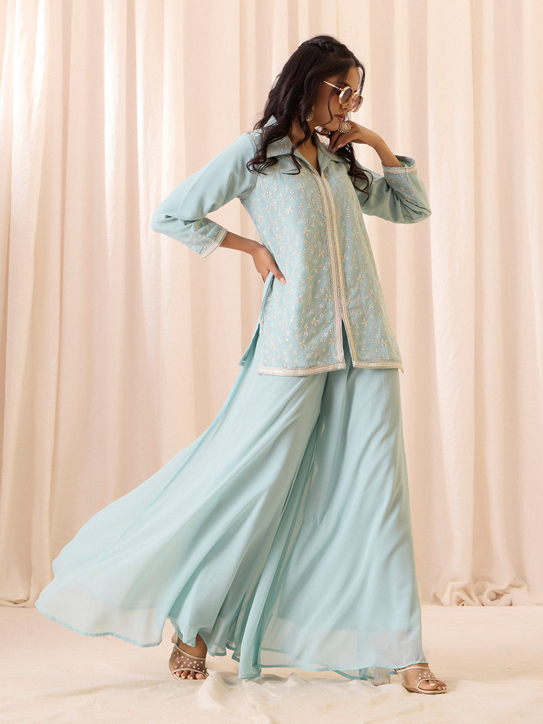 Sky Blue Embroidered Georgette Palazzo Set | Festive Ethnic Suit for Women | M-2563