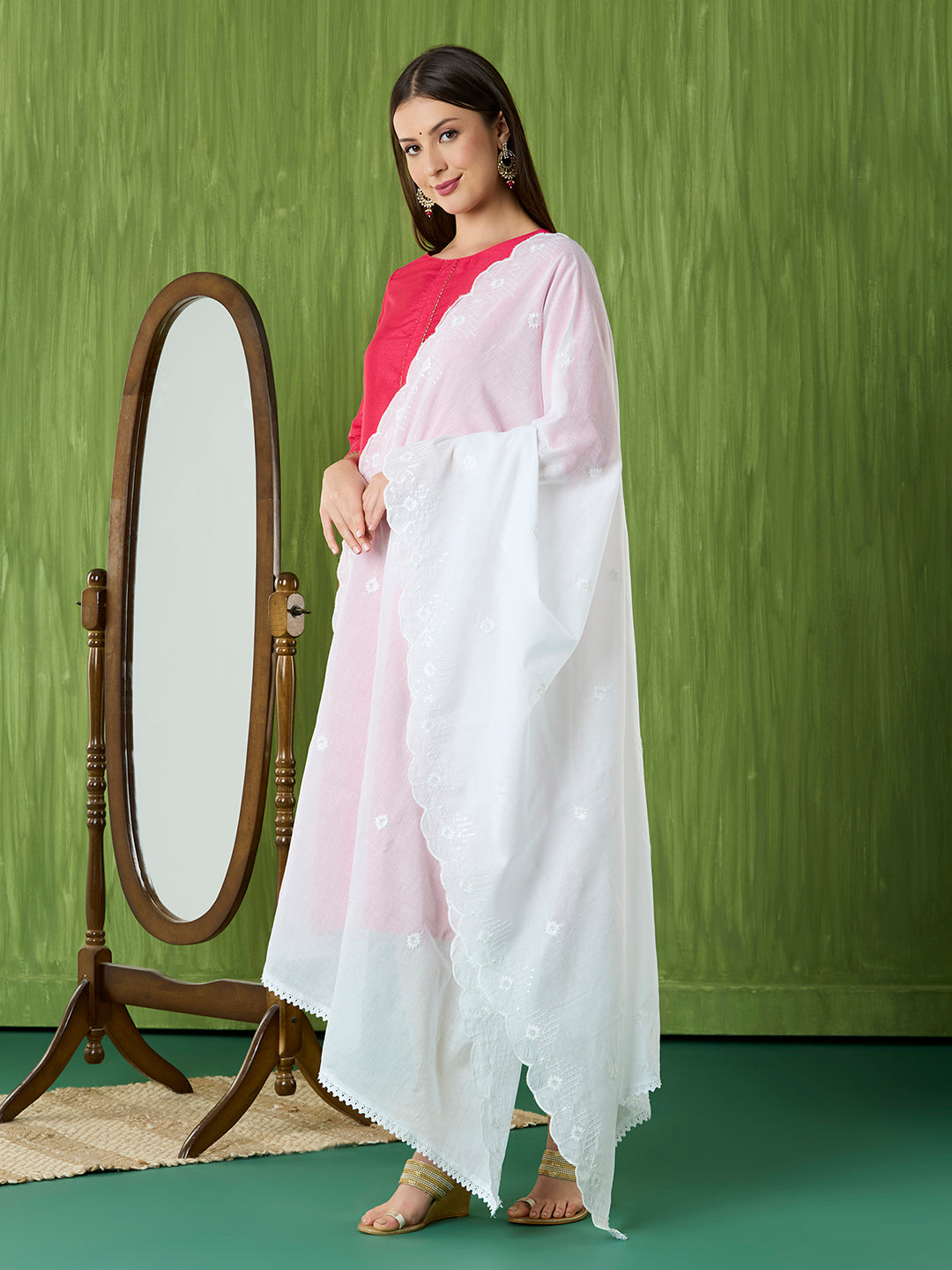 White Embroidered Pure Cotton Dupatta with Scallops