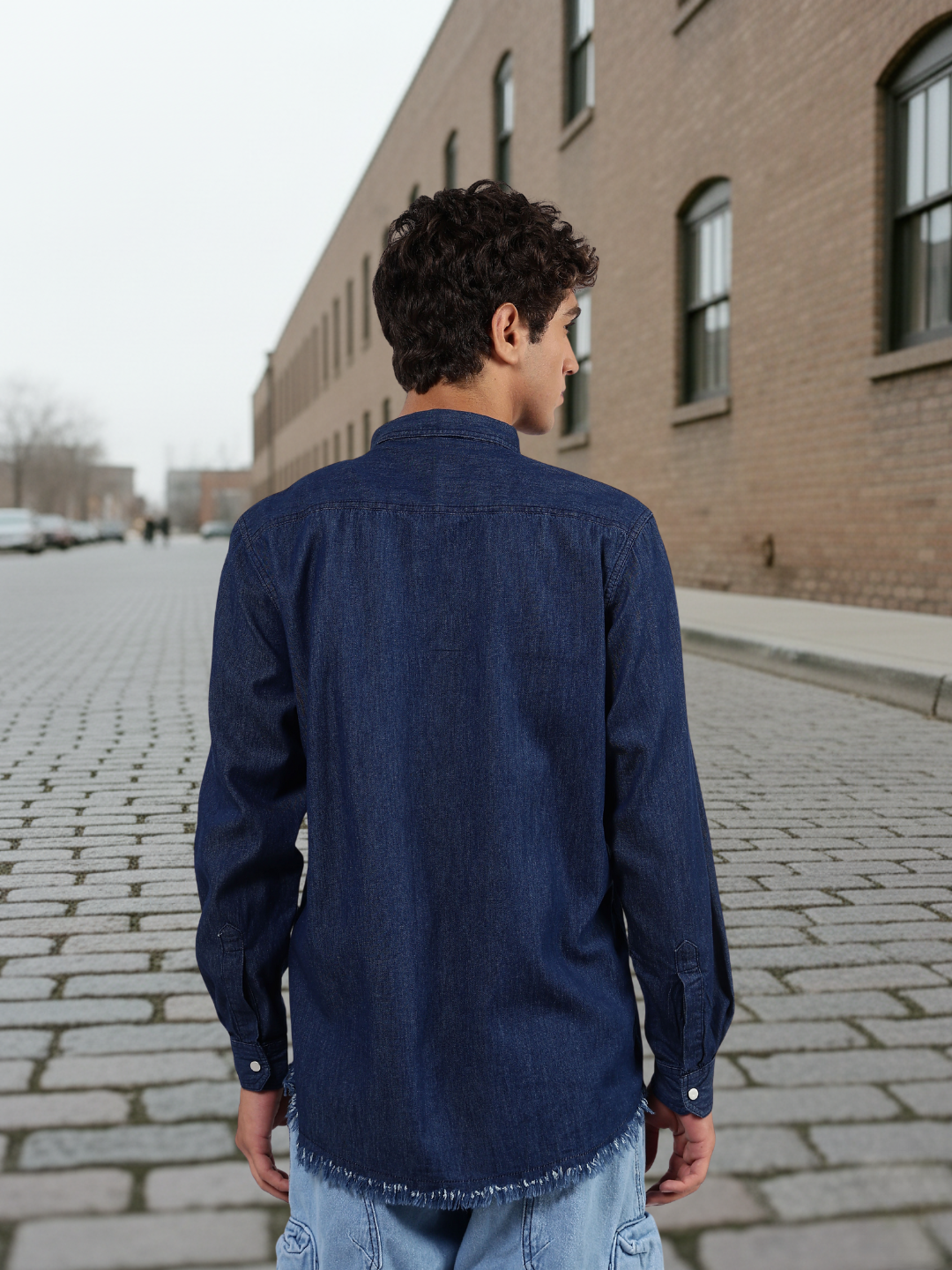 Navy Blue Raw Edge Oversized Relaxed Fit Spread Collar Premium Denim Full Sleeve Shirt