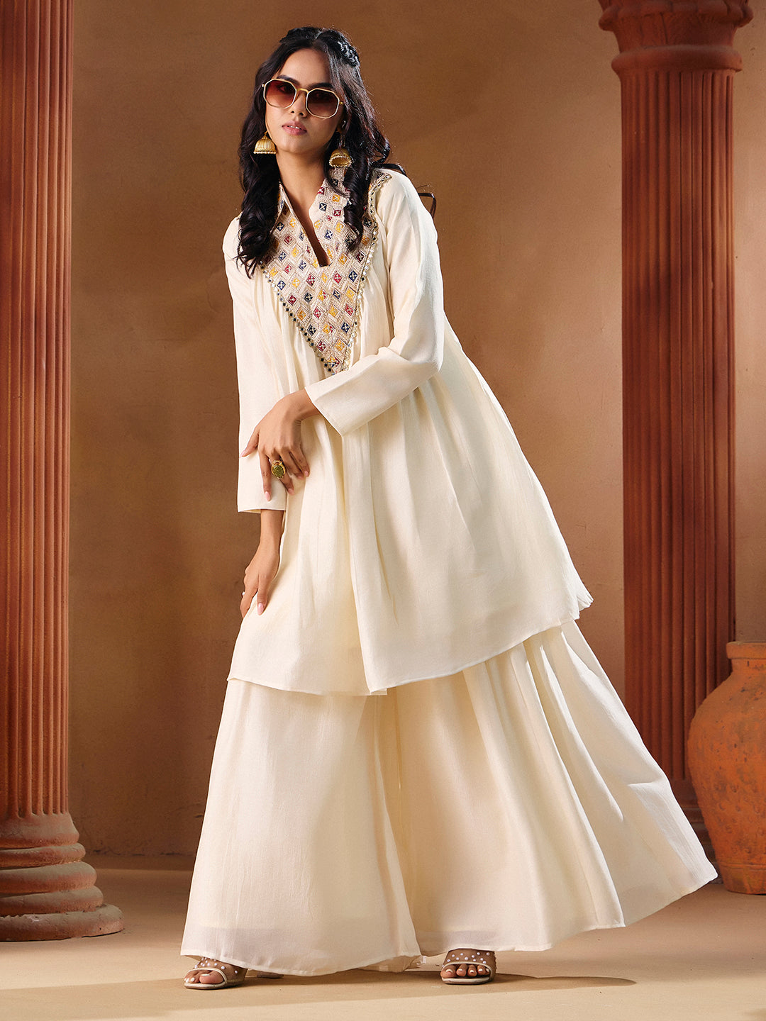 Women's Off White Vichitra Silk Embroidered Palazzo Set | Traditional Ethnic Wear Outfit | M-2569