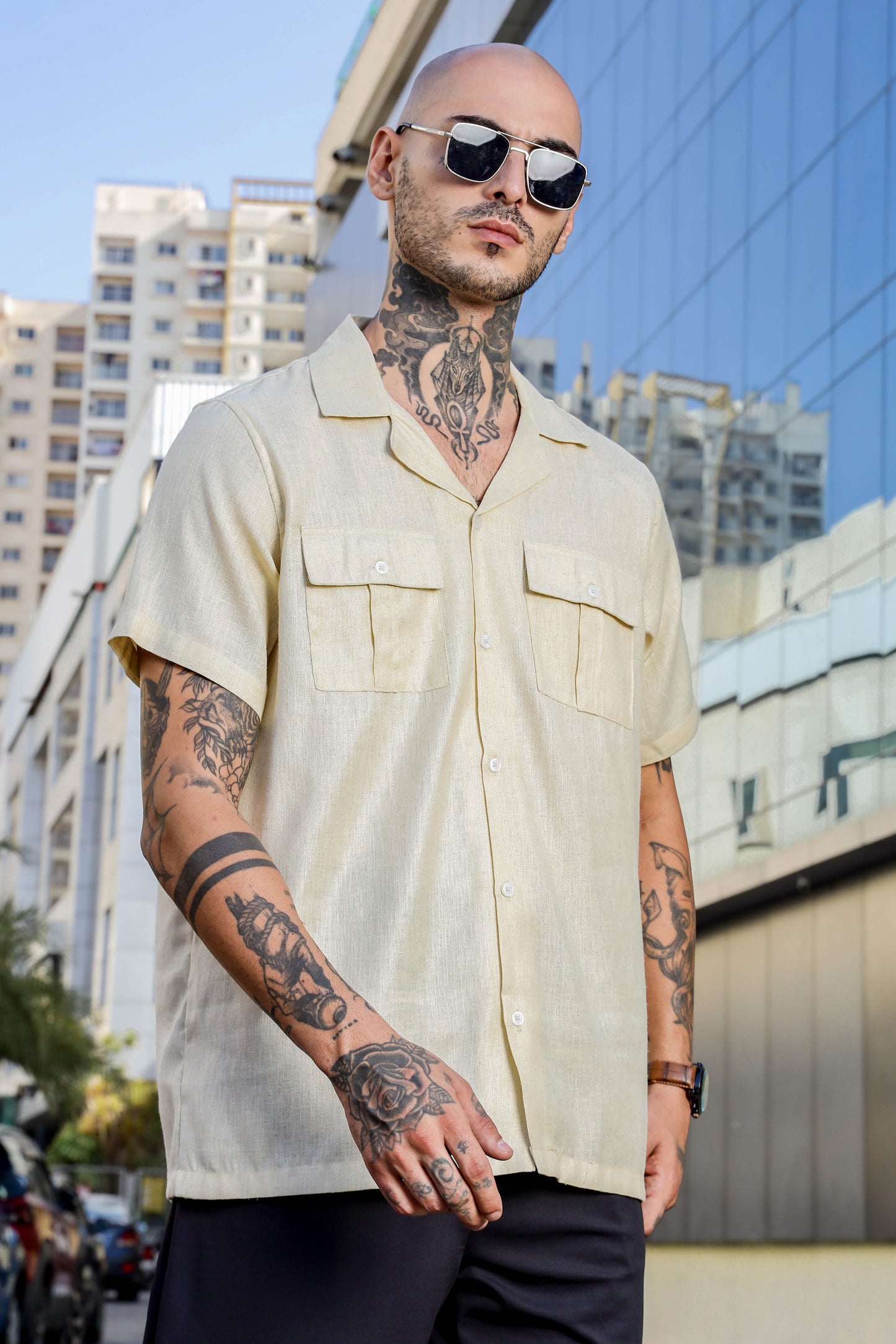 Linen Blend Beige Cuban Collar Classic Relaxed Fit Shirt