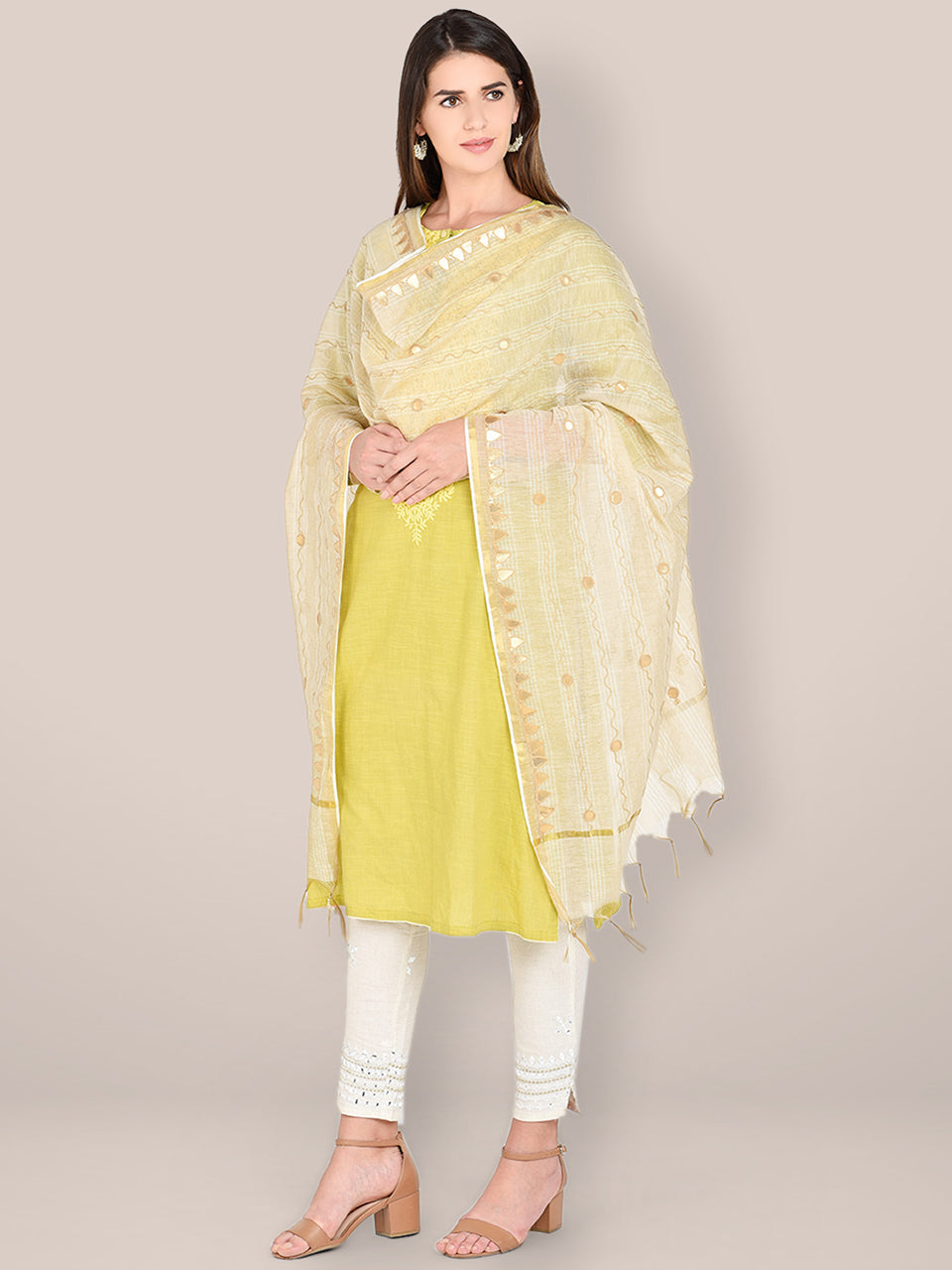 Beige Cotton Dupatta with Gotta Patti Work.