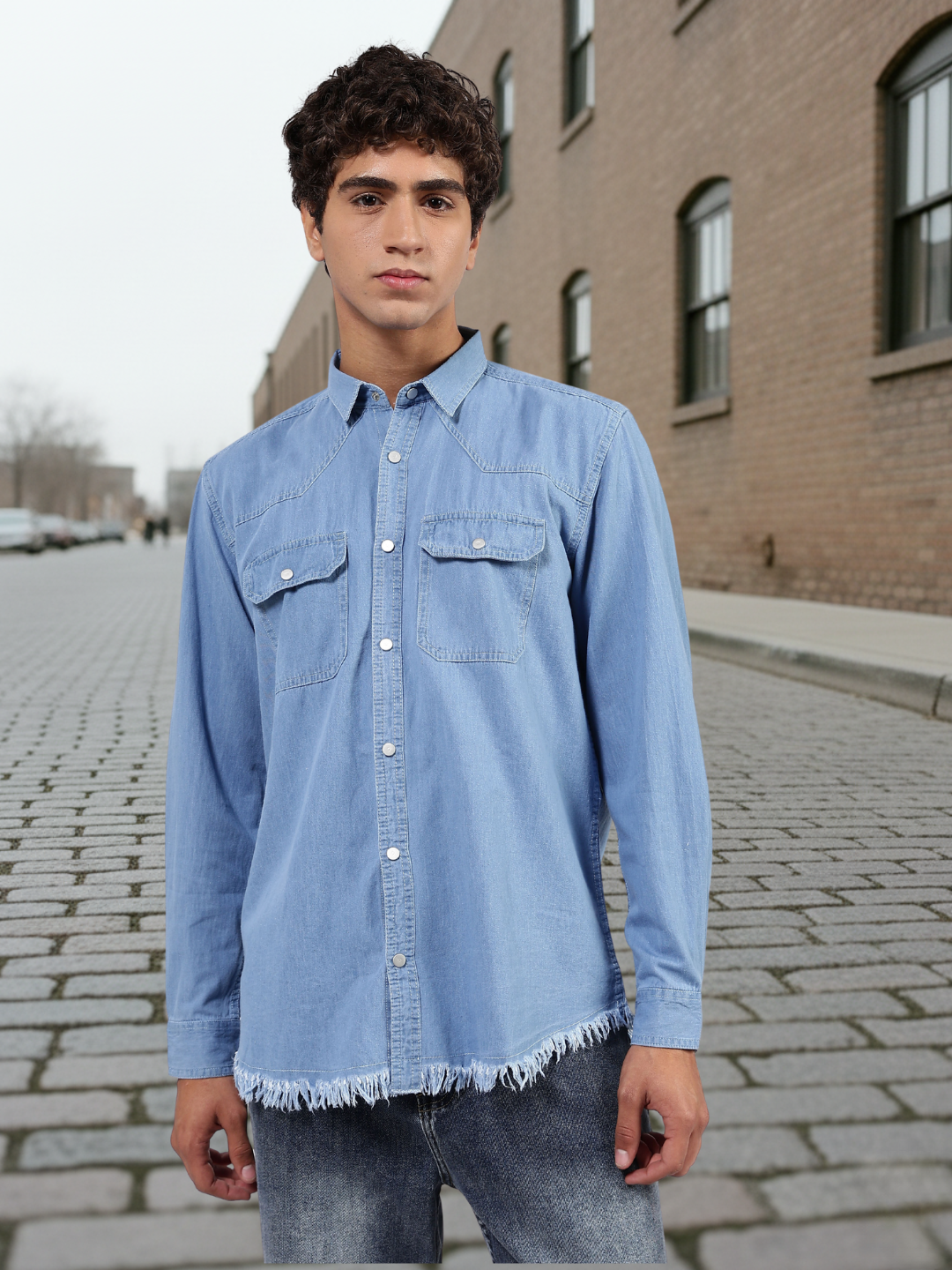 Blue Denim Raw Edge Oversized Relaxed Fit Spread Collar Premium Shirt