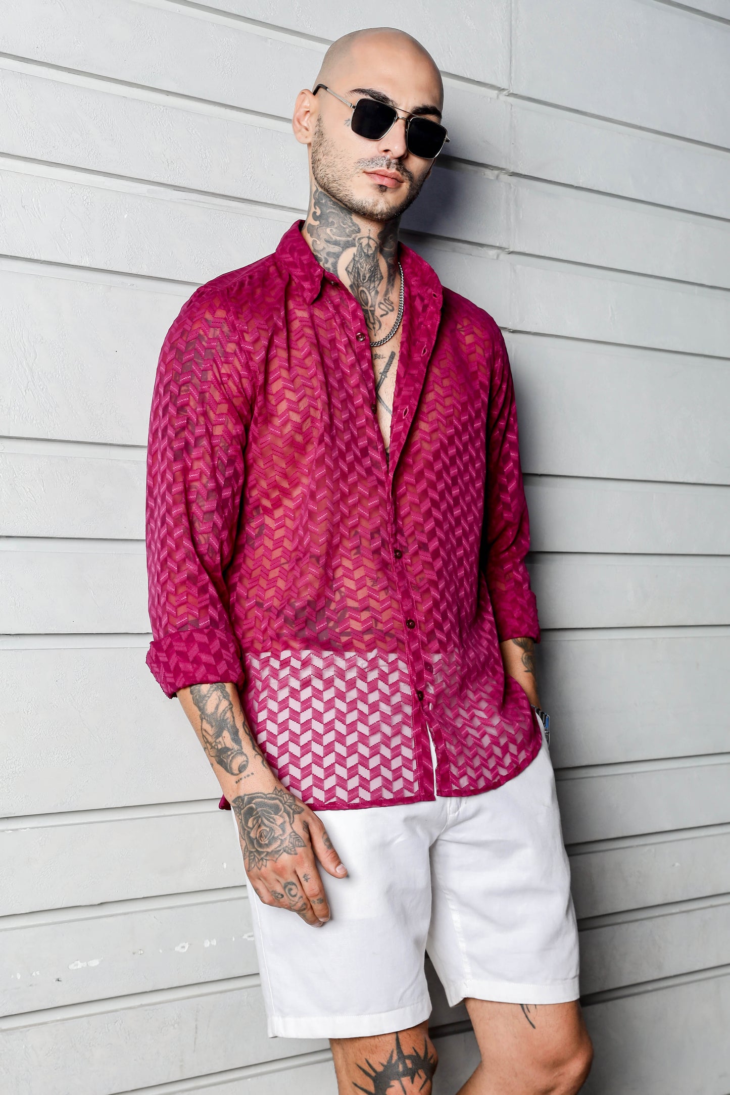 Pink Classic Semi Sheer Georgette Relaxed Fit Shirt