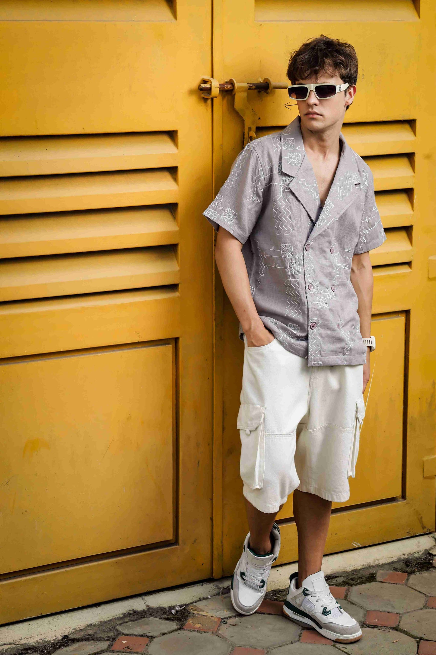Linen Blend Grey Korean Notched Lapel Collar Resort Shirt