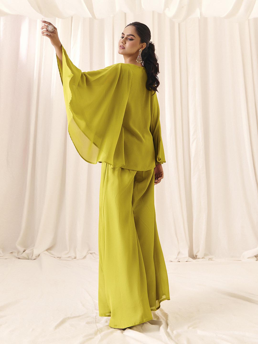 Women’s Green Chinon Embroidered with Palazzo Ethnic Set And Traditional Outfit | M-2570