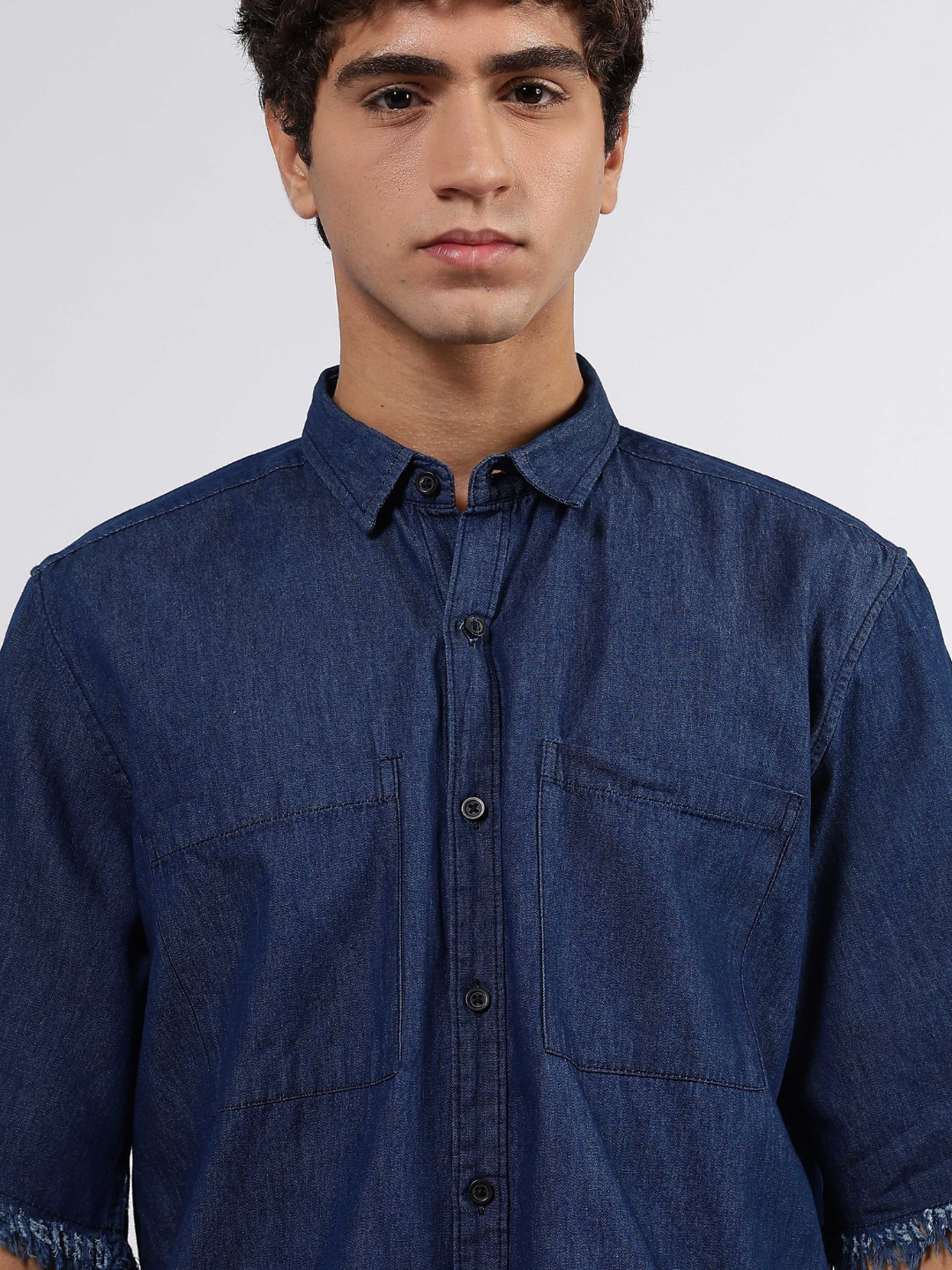 Navy Denim Raw Edge Oversized Box-Fit Spread Collar Half Sleeve Shirt