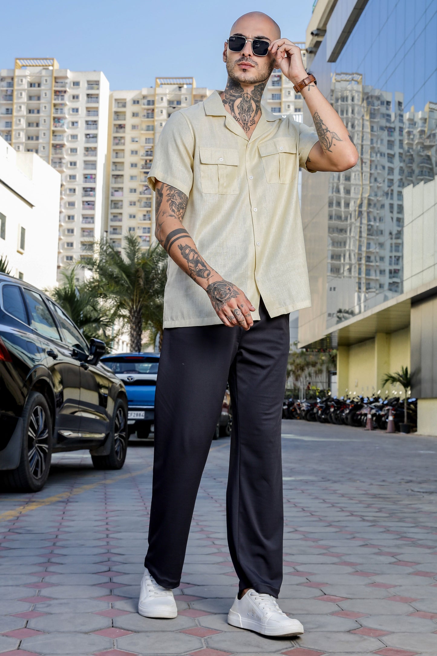 Linen Blend Beige Cuban Collar Classic Relaxed Fit Shirt