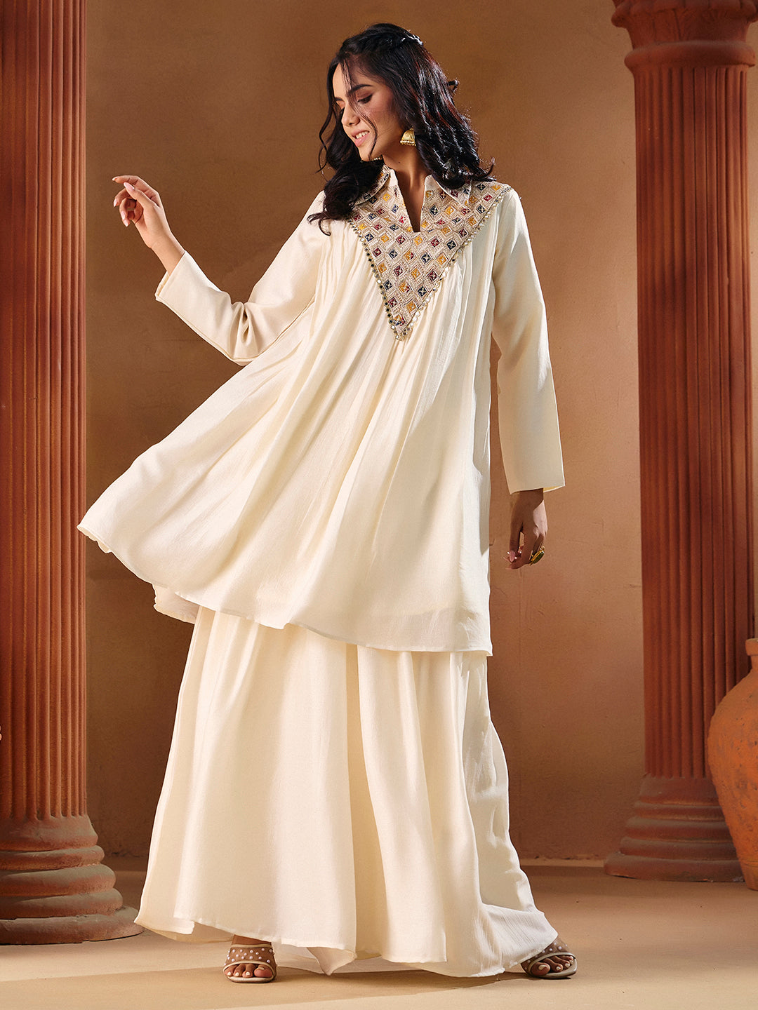 Women's Off White Vichitra Silk Embroidered Palazzo Set | Traditional Ethnic Wear Outfit | M-2569