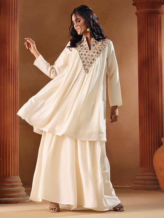 Women's Off White Vichitra Silk Embroidered Palazzo Set | Traditional Ethnic Wear Outfit | M-2569