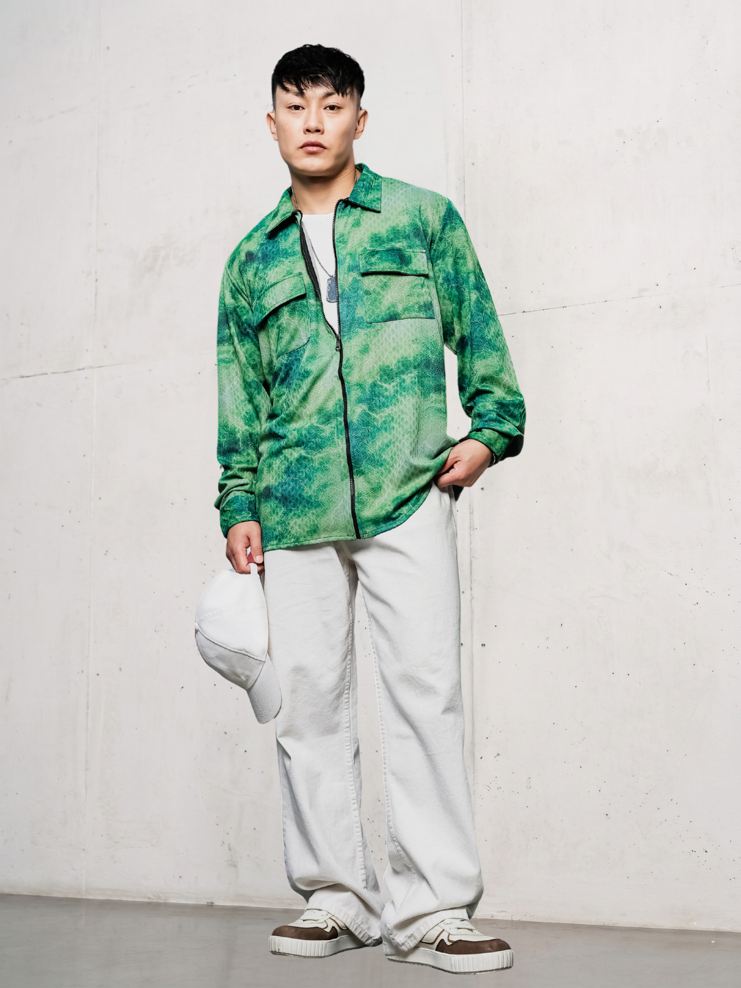 Grey & Green Abstract Printed Drop-Shoulder Relaxed Fit Shirt Zipper Shirt