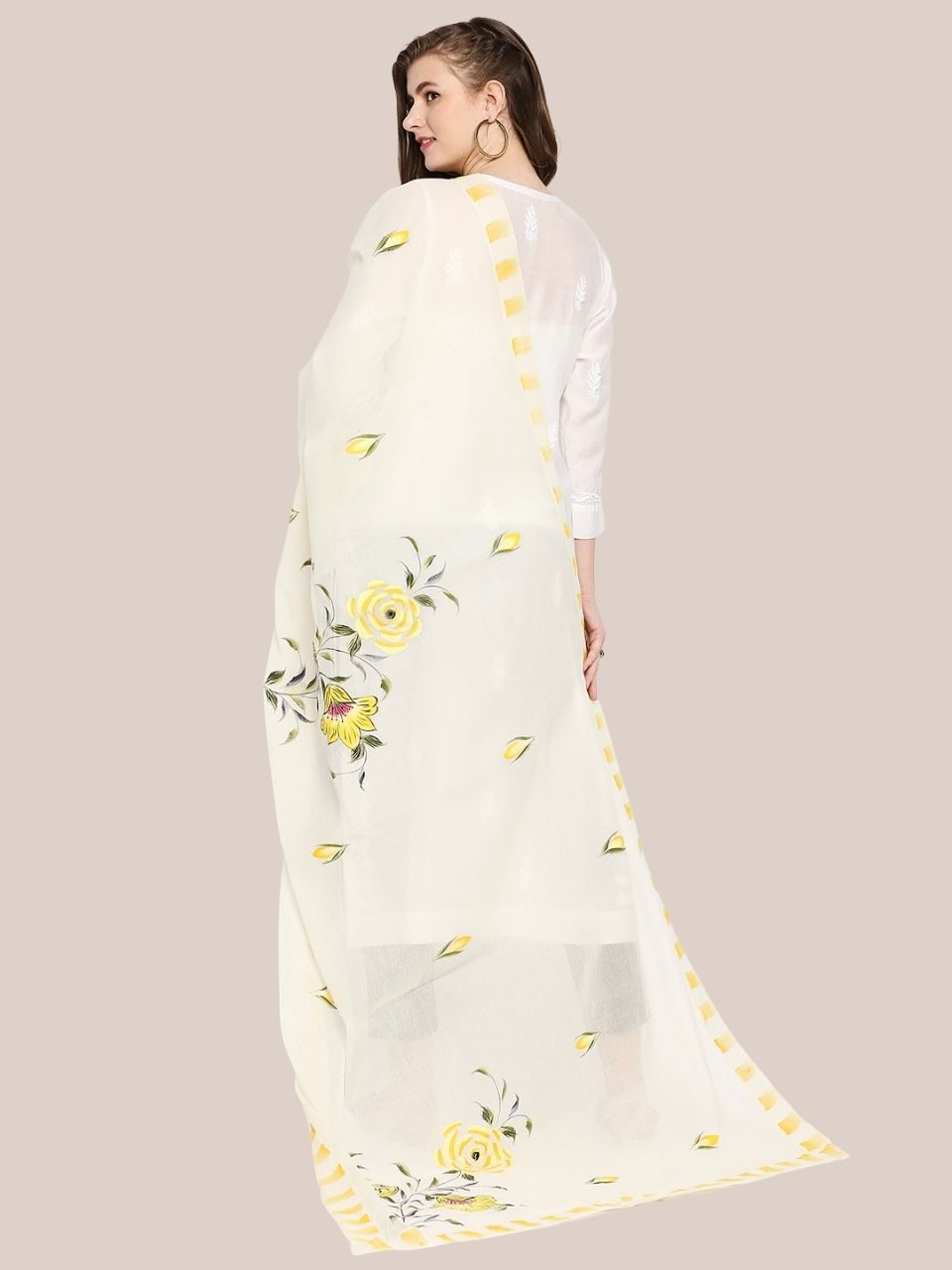 Cream & Yellow Hand Painted Pure Cotton Dupatta