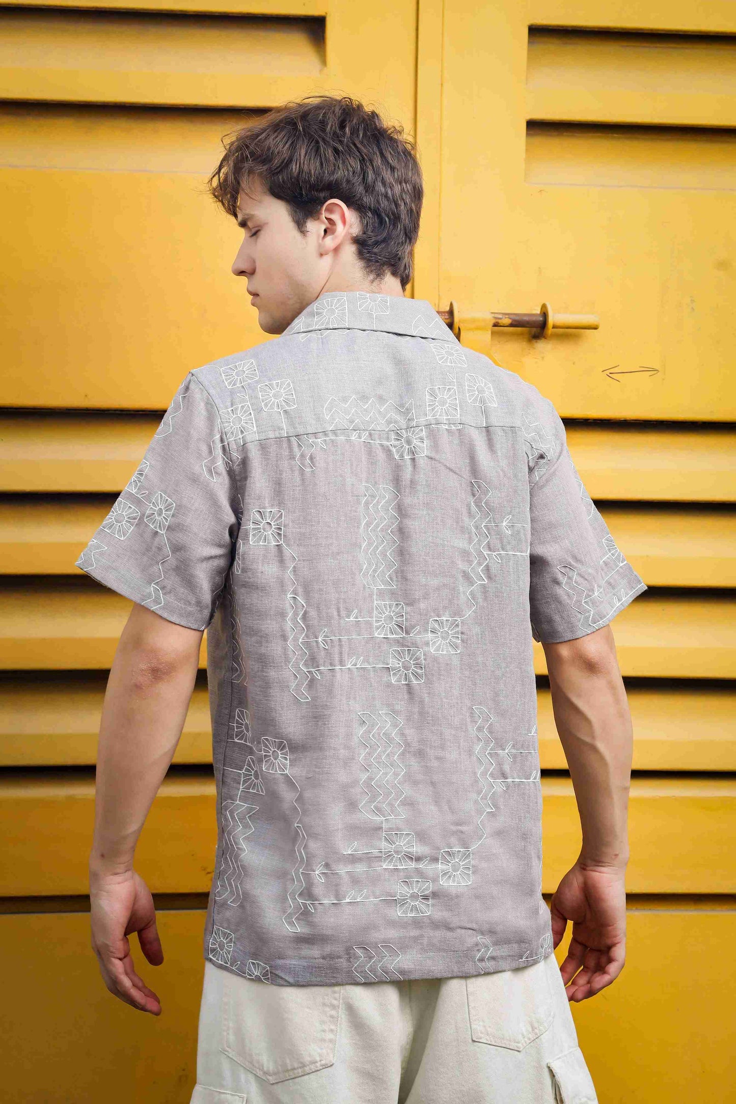 Linen Blend Grey Korean Notched Lapel Collar Resort Shirt