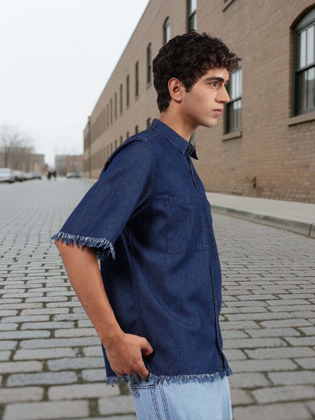 Navy Denim Raw Edge Oversized Box-Fit Spread Collar Half Sleeve Shirt