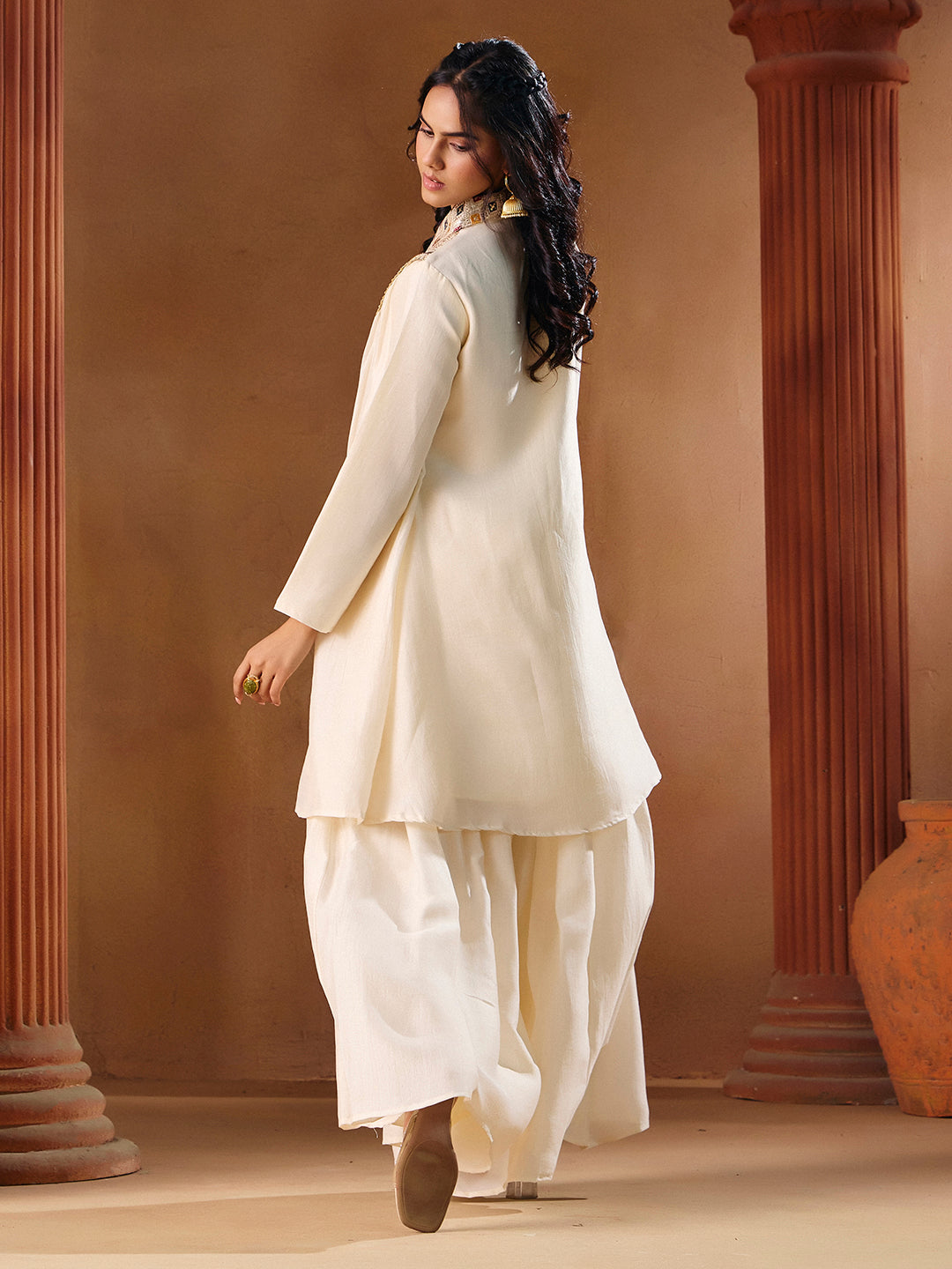 Women's Off White Vichitra Silk Embroidered Palazzo Set | Traditional Ethnic Wear Outfit | M-2569