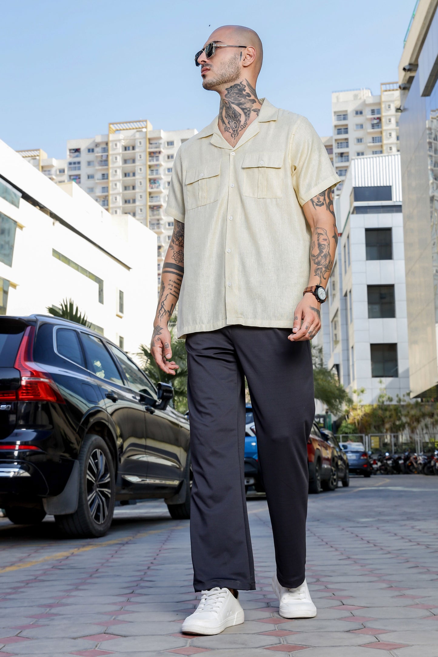 Linen Blend Beige Cuban Collar Classic Relaxed Fit Shirt