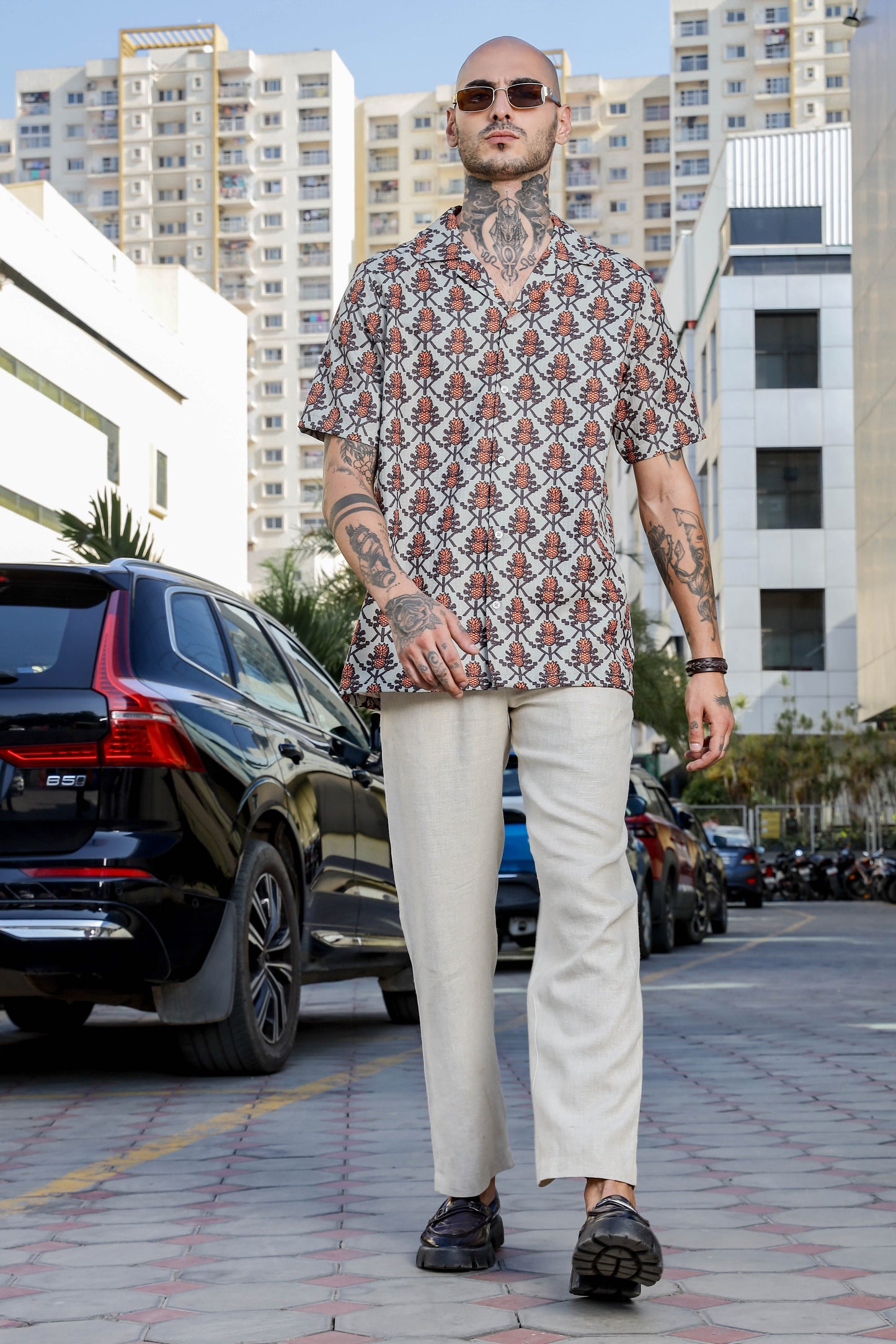 Beige Textured Printed Relaxed Fit Cuban Collar Resort Shirt