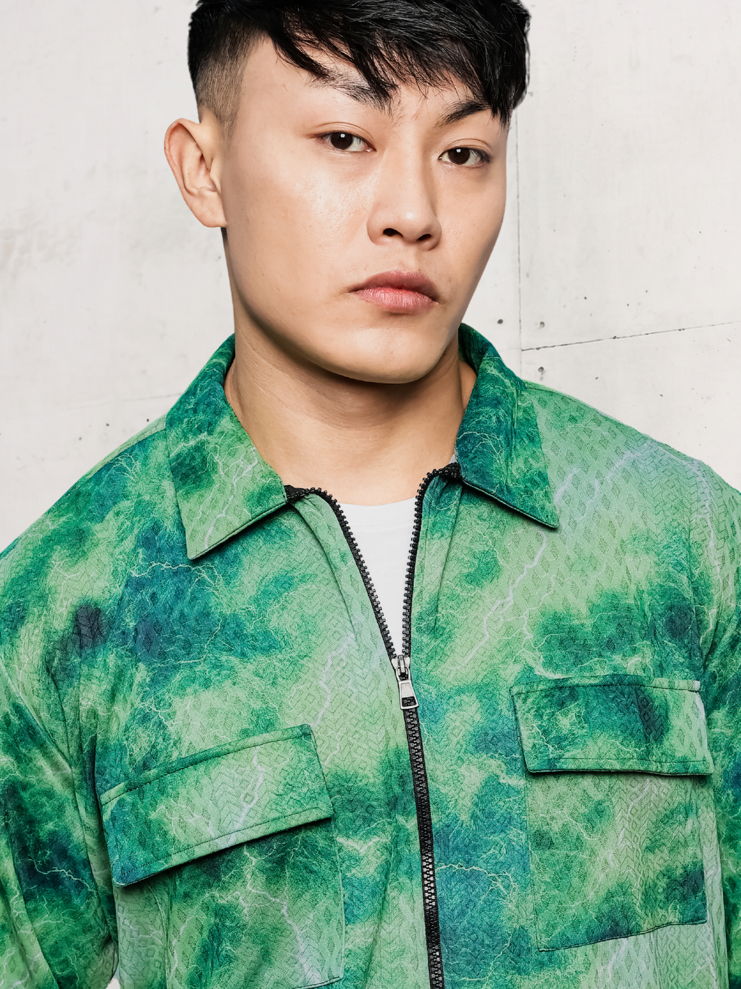 Grey & Green Abstract Printed Drop-Shoulder Relaxed Fit Shirt Zipper Shirt