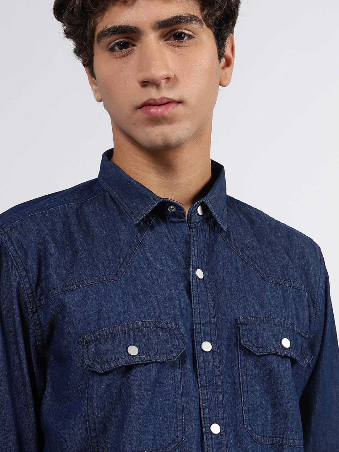 Navy Blue Raw Edge Oversized Relaxed Fit Spread Collar Premium Denim Full Sleeve Shirt