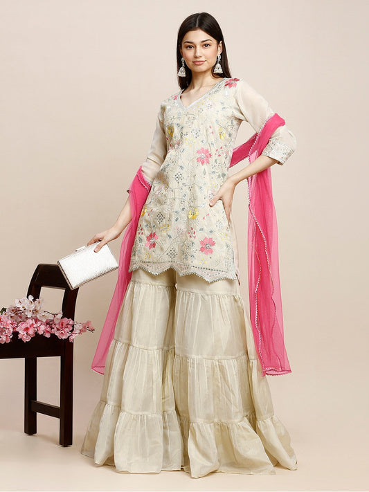 White Poly Silk Kurta Sets For Women With Sharara & Dupatta