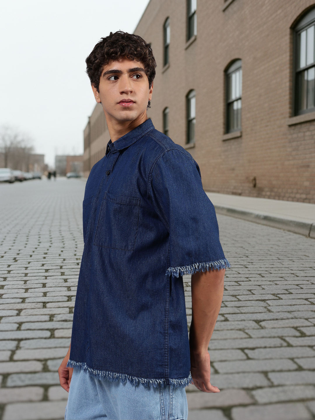 Navy Denim Raw Edge Oversized Box-Fit Spread Collar Half Sleeve Shirt