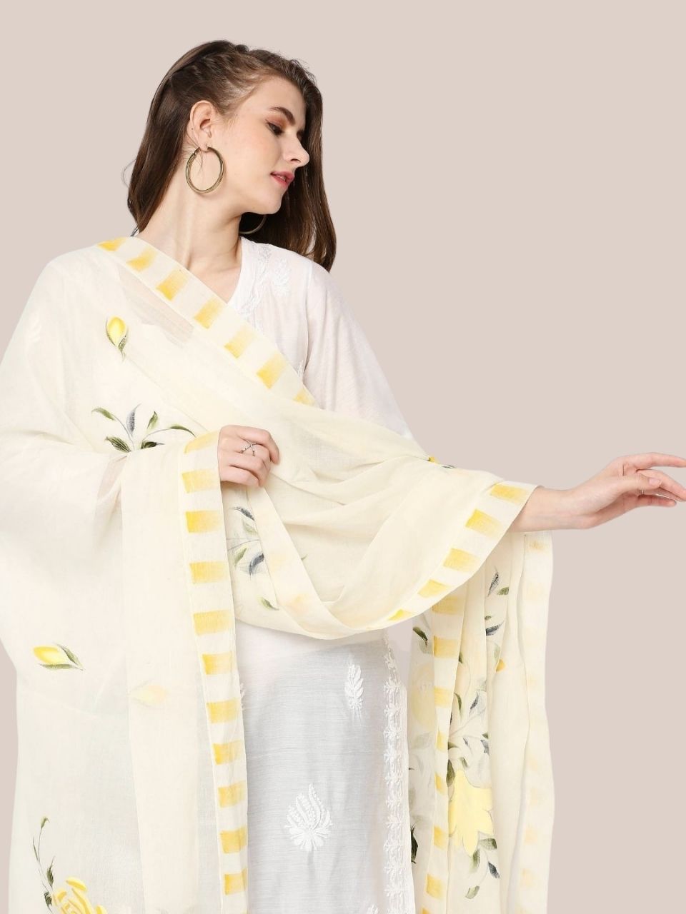 Cream & Yellow Hand Painted Pure Cotton Dupatta