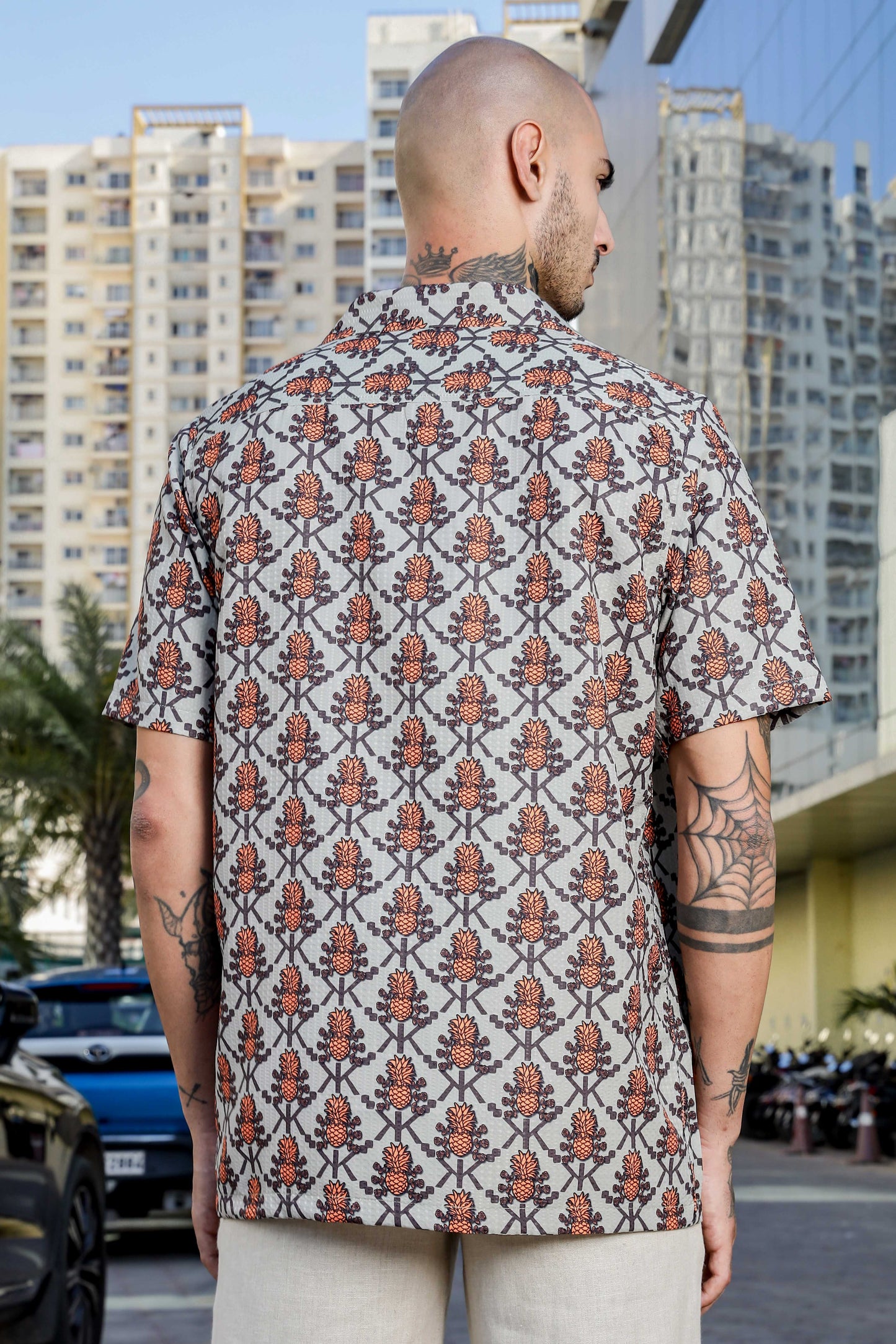 Beige Textured Printed Relaxed Fit Cuban Collar Resort Shirt