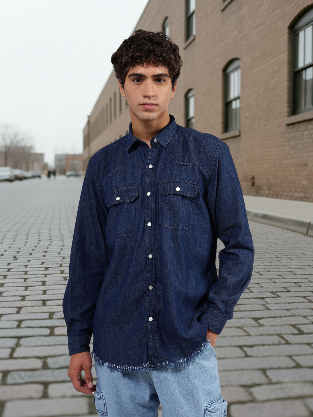 Navy Blue Raw Edge Oversized Relaxed Fit Spread Collar Premium Denim Full Sleeve Shirt