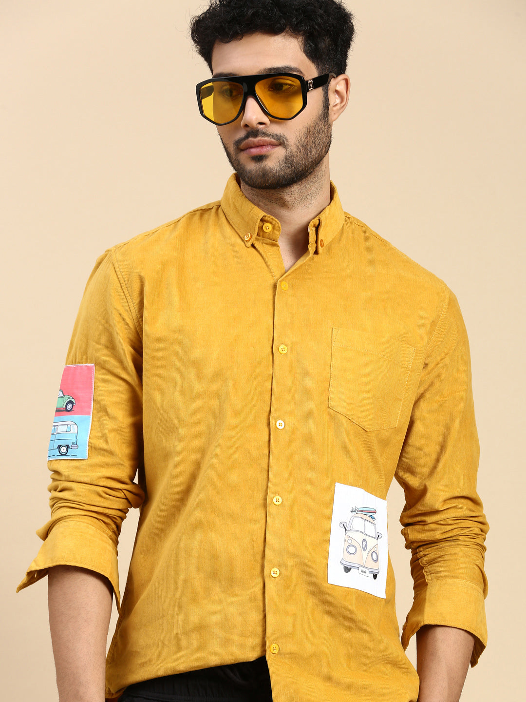 Relaxed Fit Yellow Appliqued Corduroy Shirt