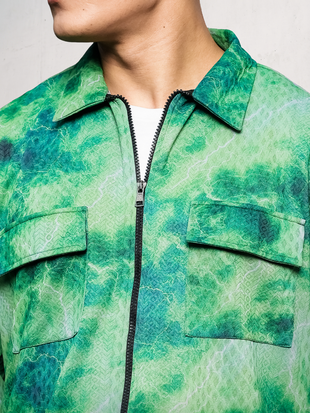 Grey & Green Abstract Printed Drop-Shoulder Relaxed Fit Shirt Zipper Shirt