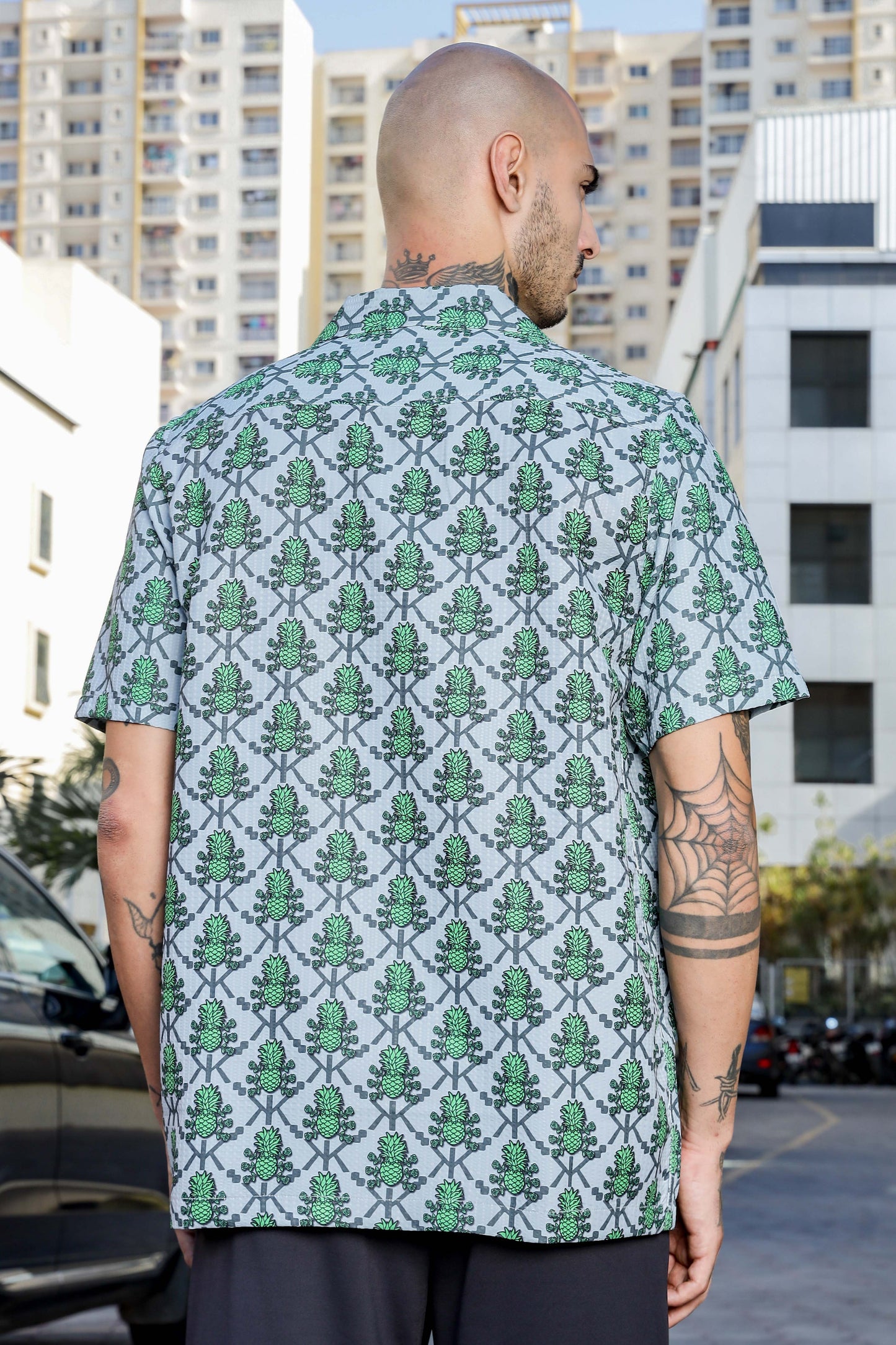 Green Tropical Print Textured Fabric Relaxed Fit Resort Shirt