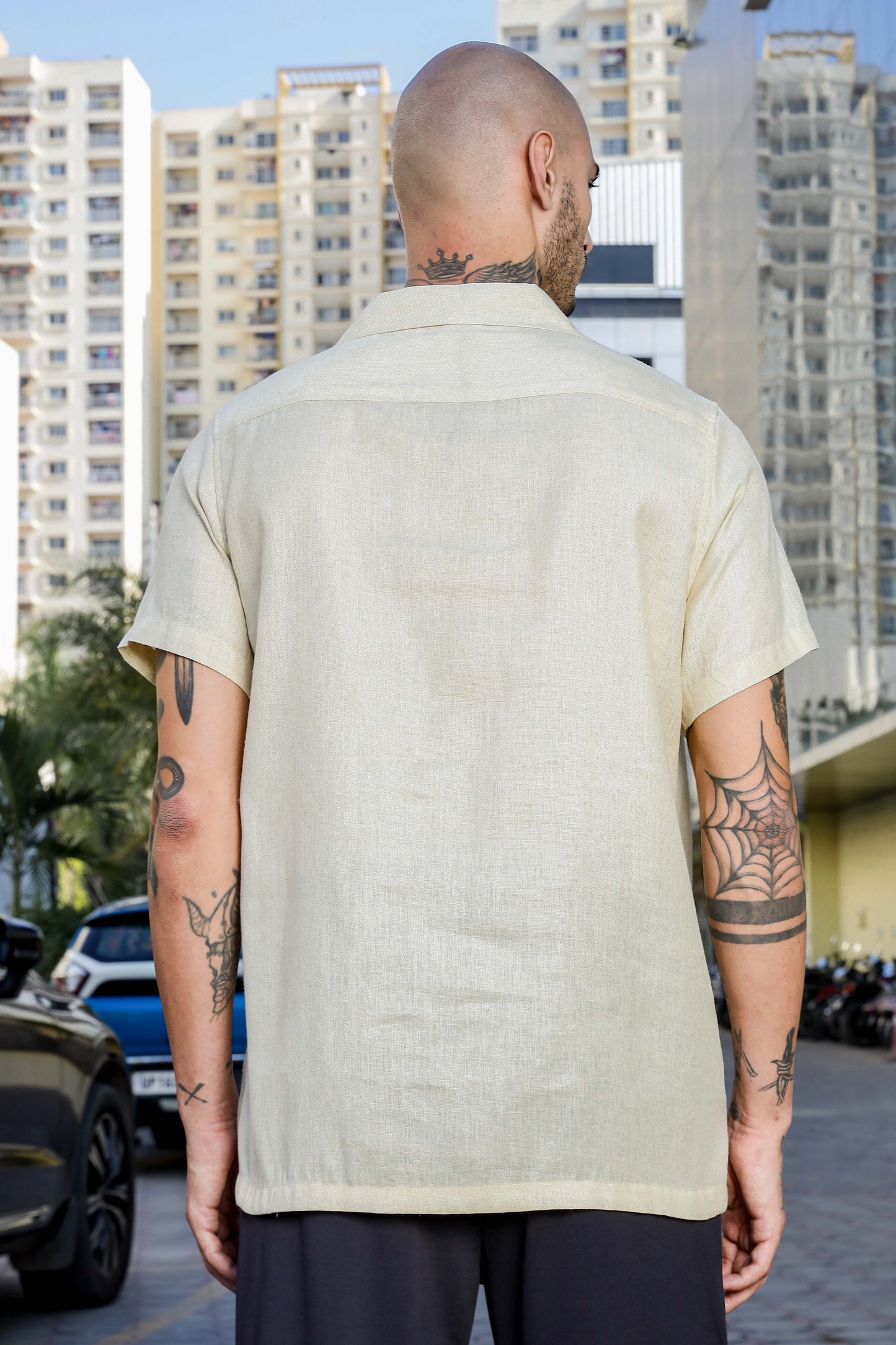 Linen Blend Beige Cuban Collar Classic Relaxed Fit Shirt