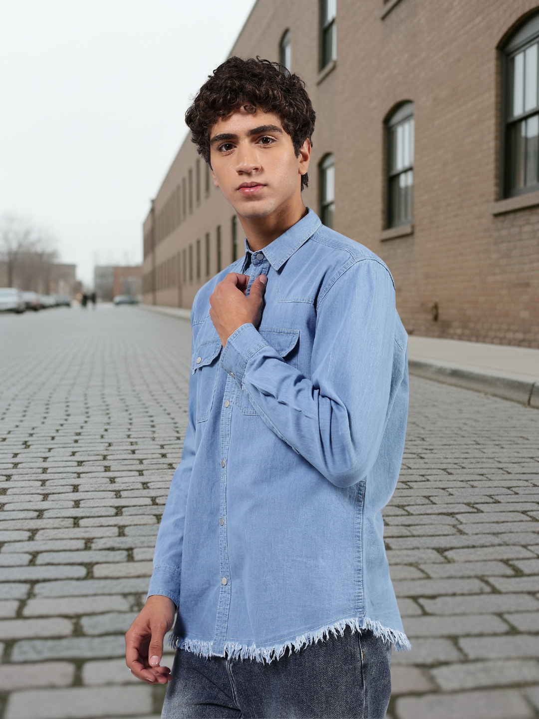 Blue Denim Raw Edge Oversized Relaxed Fit Spread Collar Premium Shirt