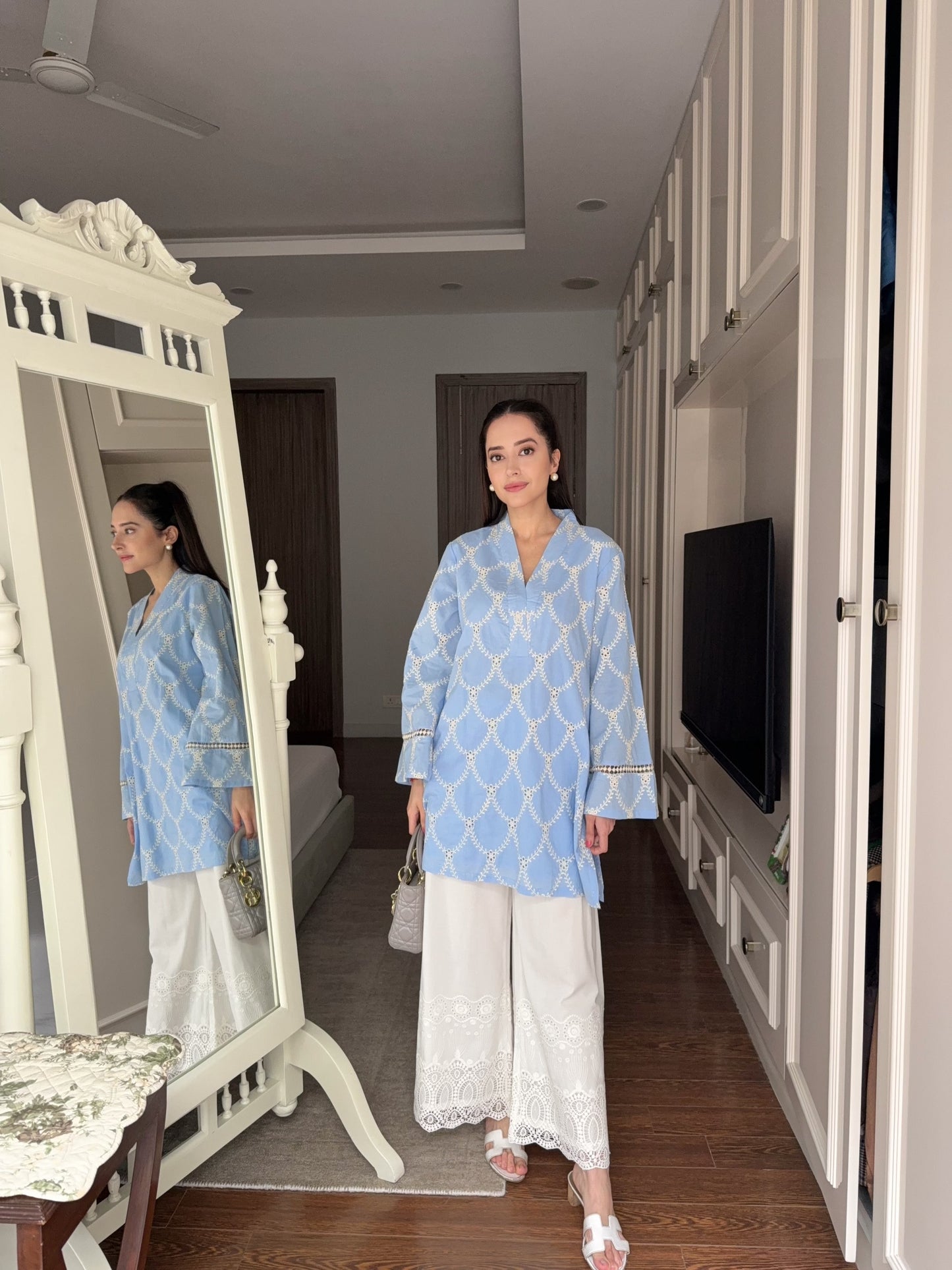 Aqua Blue Cutwork Kurta Coord Set