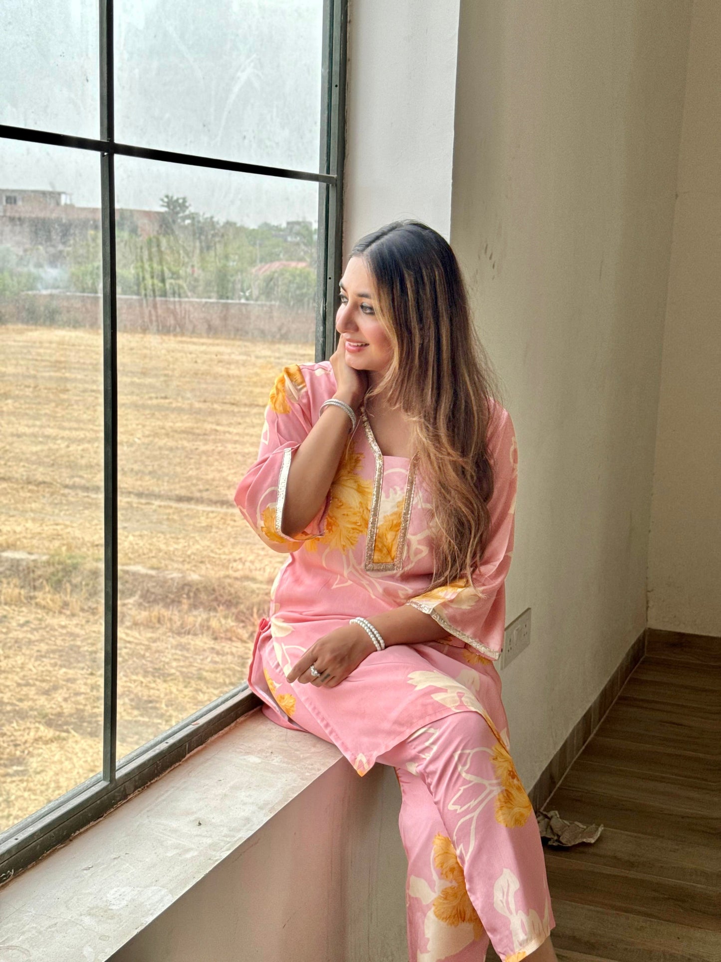 Pink Sunflower Printed Crepe Kurta Pants Coord Set