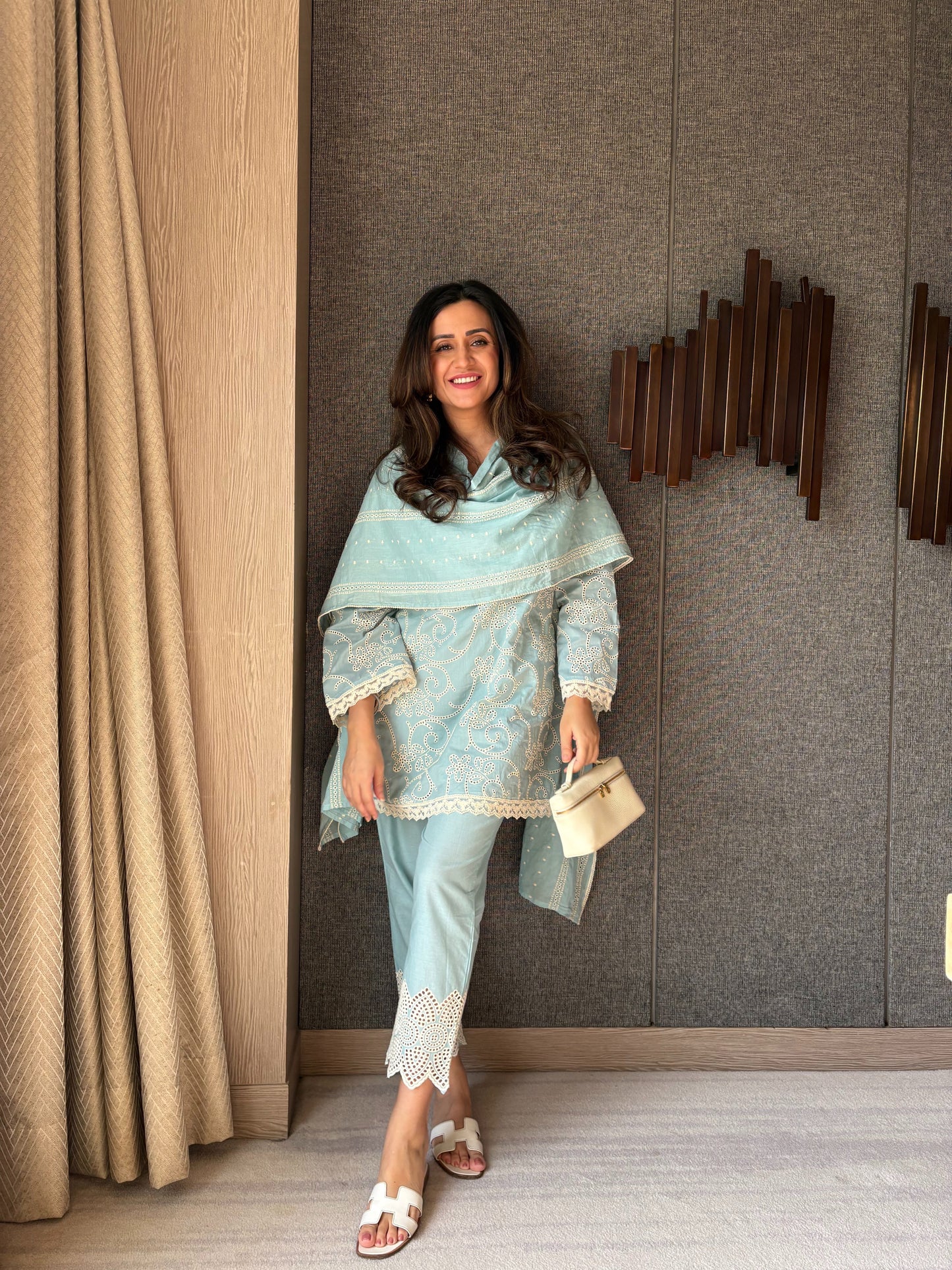Sky Blue Embroidered Cotton Suit Set