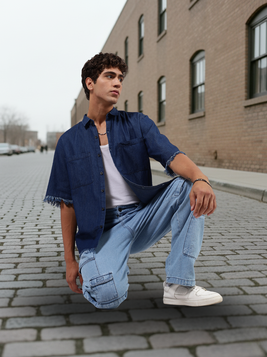 Navy Denim Raw Edge Oversized Box-Fit Spread Collar Half Sleeve Shirt